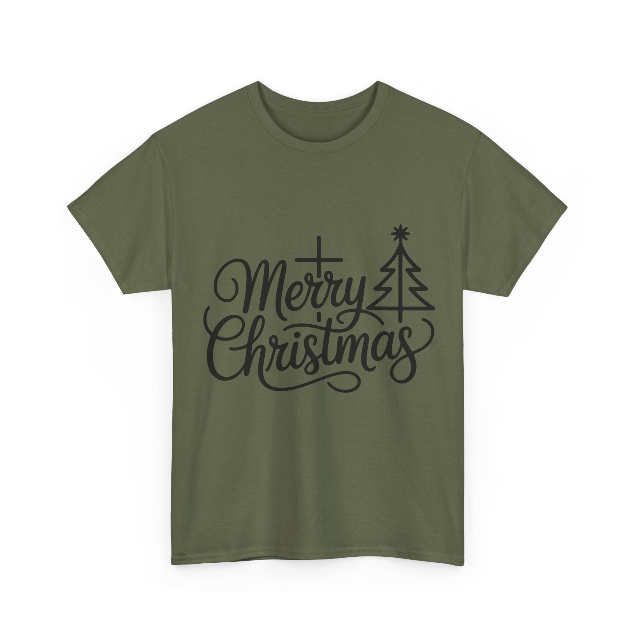 Merry Christmas Script T-Shirt with Cross & Tree(Unisex Cotton Tee)