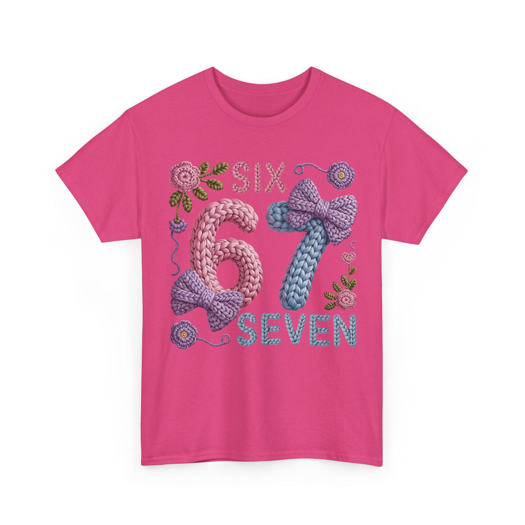 Pastel Crochet Numbers 6 & 7 Tee — Faux-Yarn Bows & Flowers. Unisex Cotton Tee