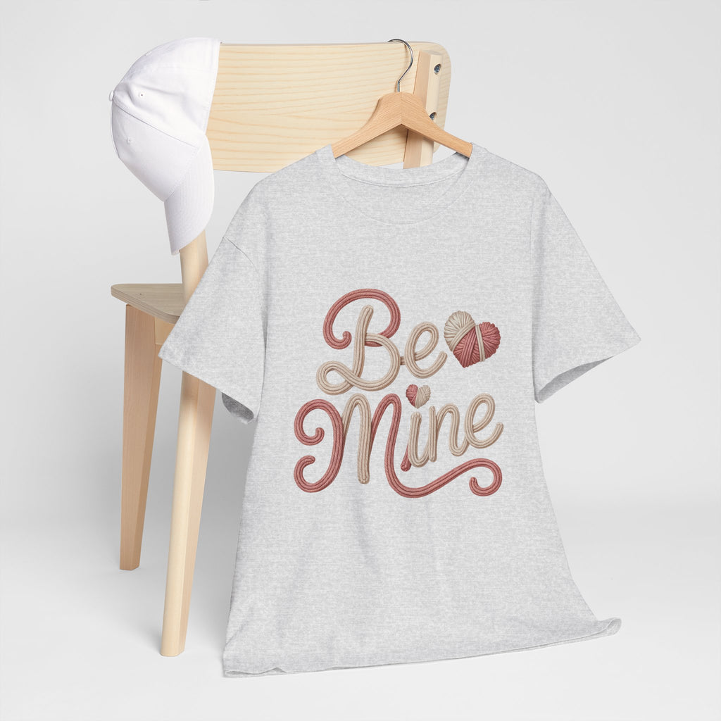 Be Mine Yarn Heart T-Shirt — Valentine’s Faux-Yarn Pink & Cream Unisex Cotton Tee