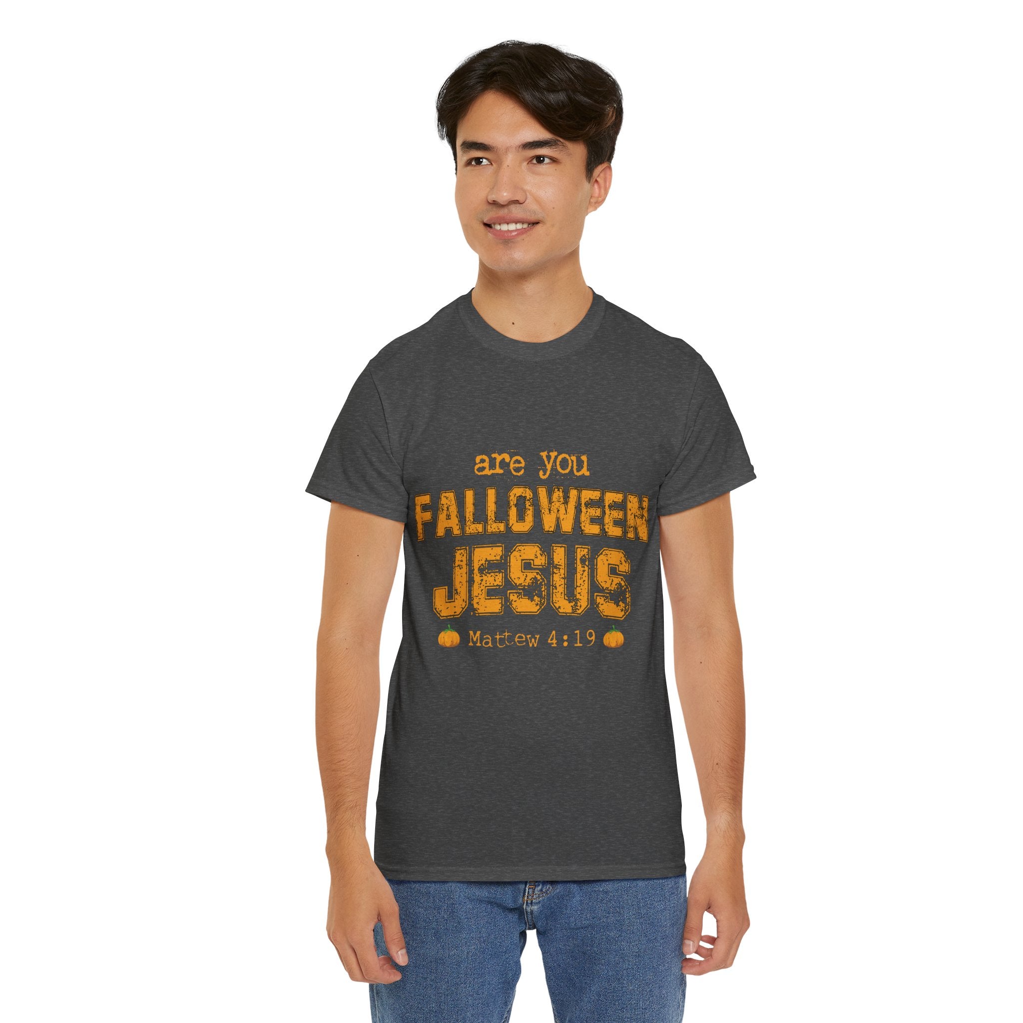Christian Halloween T-Shirt — “Are You Falloween Jesus? Matthew 4:19” Distressed Pumpkin Design. Unisex Cotton Tee