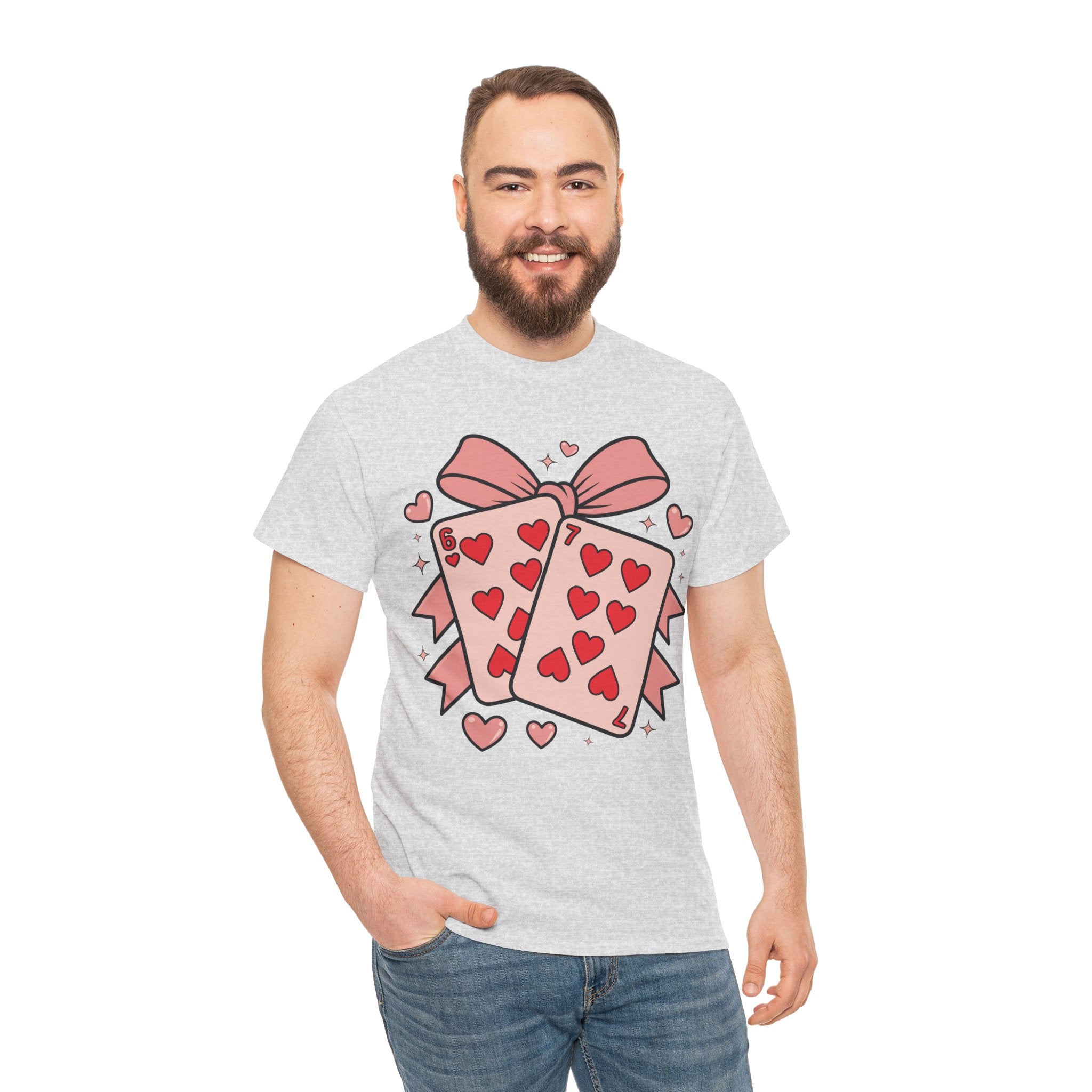 6 & 7 of Hearts T-Shirt — Paired Playing Cards with Pink Bow Unisex Cotton Tee