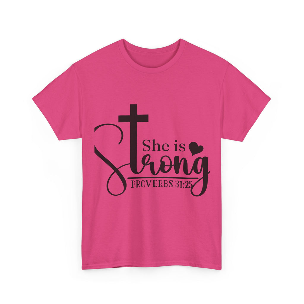 Proverbs 31:25 'She is Strong' T-Shirt – Christian Cross & Heart Unisex Cotton Tee
