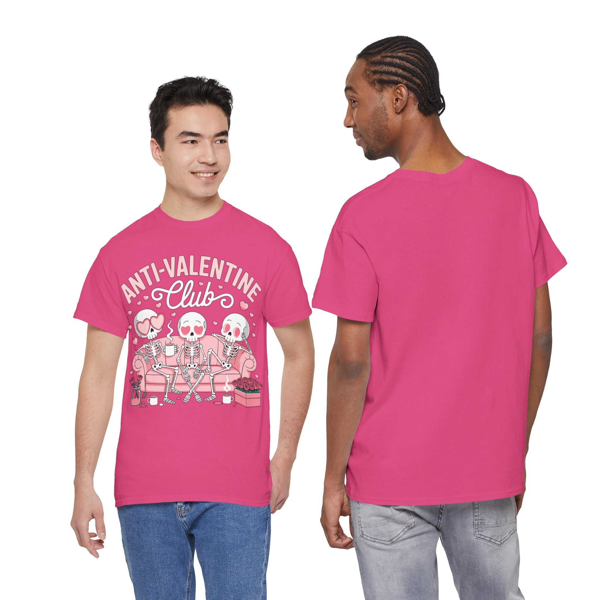 Anti-Valentine Club Skeleton Tee — Anti-Romance Pink Couch Graphic Unisex Cotton T-Shirt