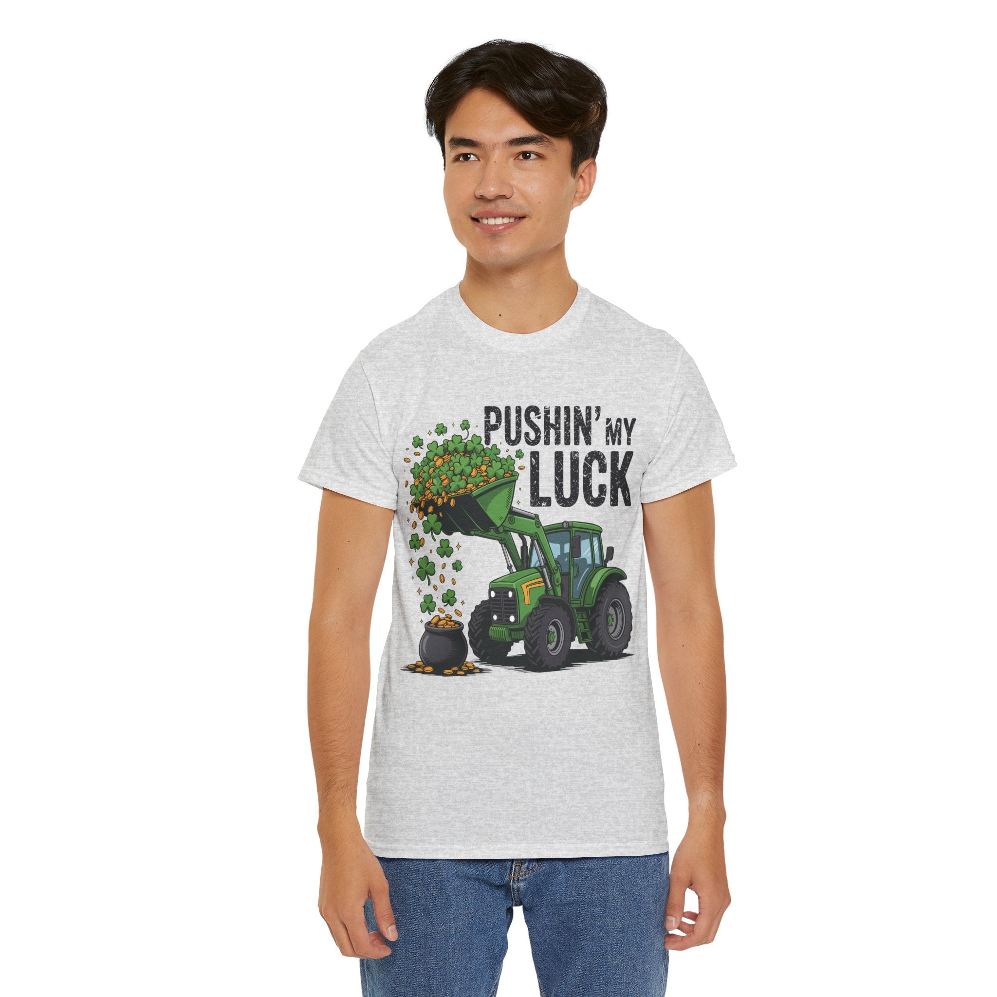 Pushin' My Luck Shamrock Tractor Tee — St. Patrick's Day Unisex Cotton T-Shirt