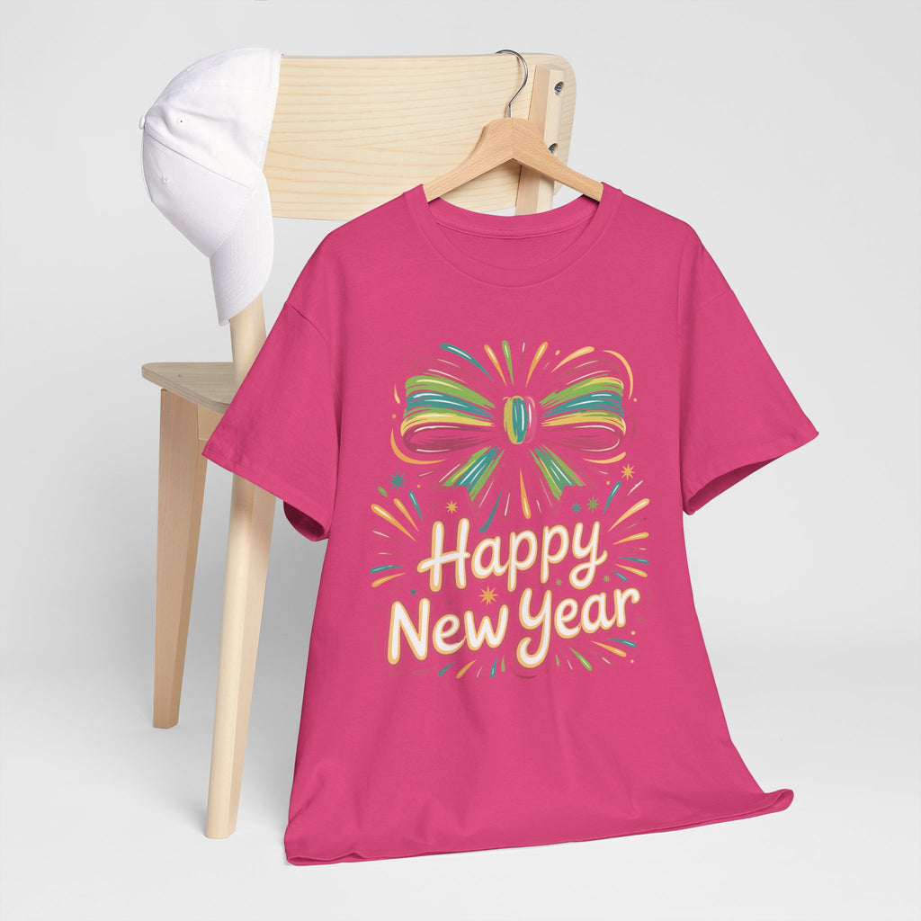 Happy New Year Pastel Tee — Rainbow Bow & Fireworks Celebration Unisex Cotton Tshirt