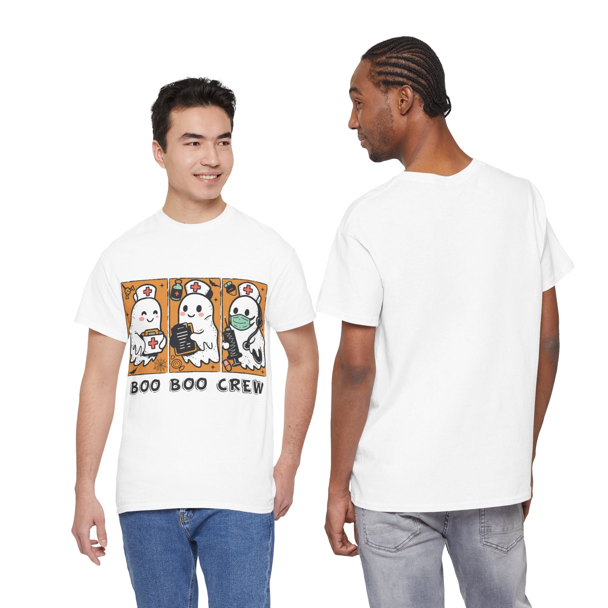 Halloween Nurse T-Shirt — Ghost Nurses Holding Medical Tools on Orange Unisec Cotton Tee