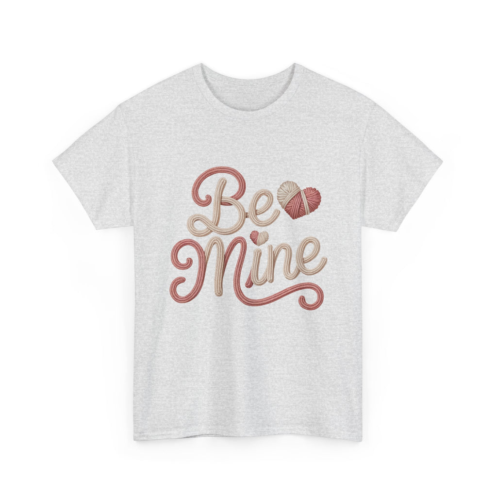 Be Mine Yarn Heart T-Shirt — Valentine’s Faux-Yarn Pink & Cream Unisex Cotton Tee