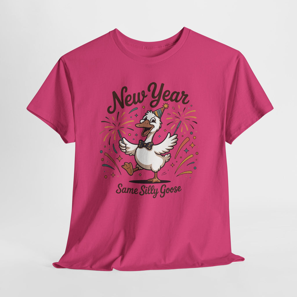 Happy Goose New Year T-Shirt — Party Hat, Fireworks & Confetti Unisex Cotton Tee