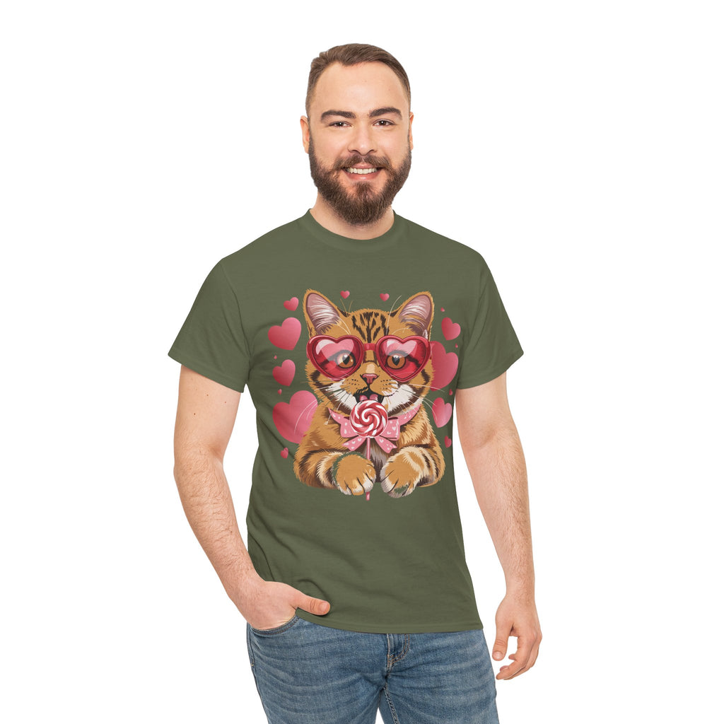 Valentine Cat Tee — Heart Glasses, Lollipop Bow Unisex Cotton Tee