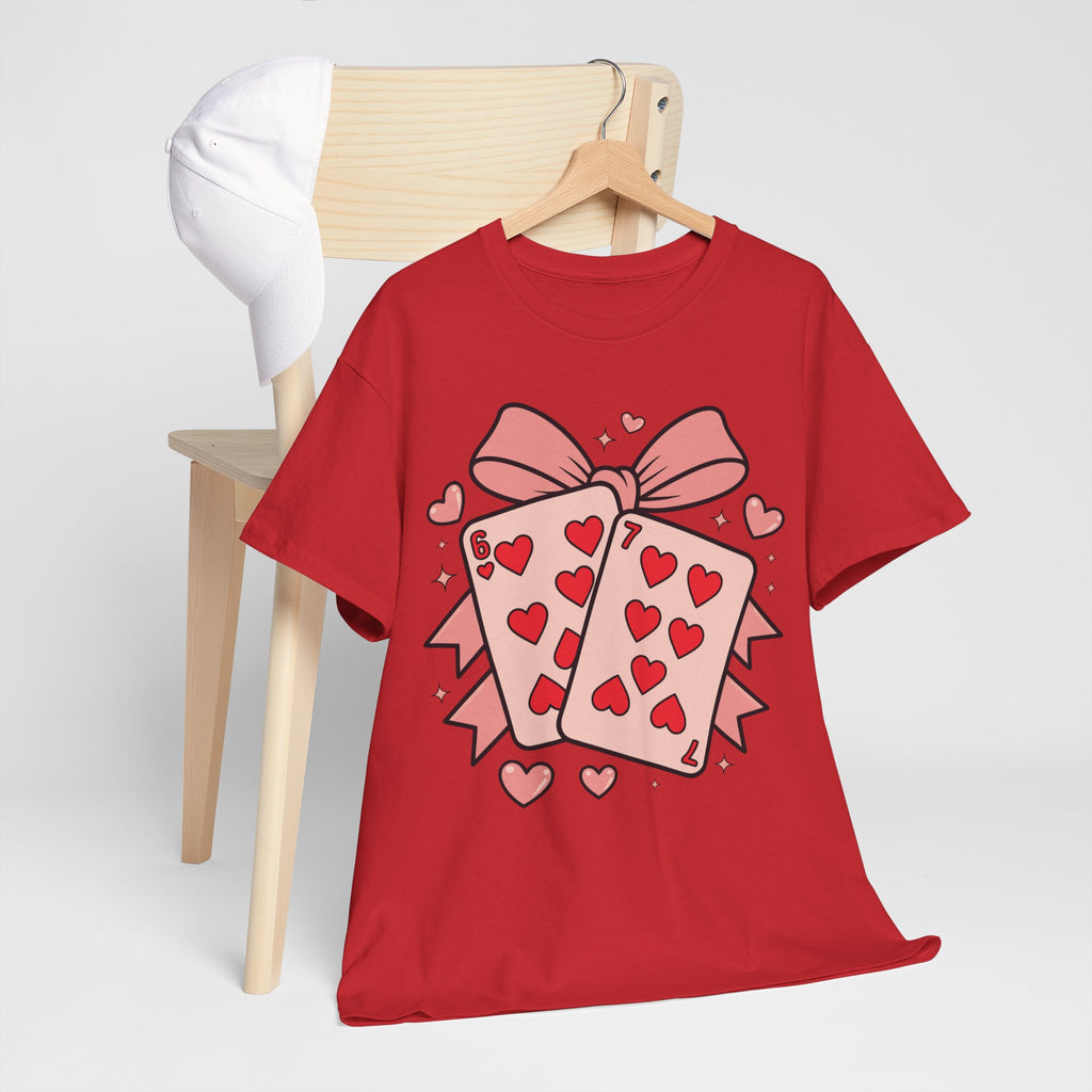 6 & 7 of Hearts T-Shirt — Paired Playing Cards with Pink Bow Unisex Cotton Tee