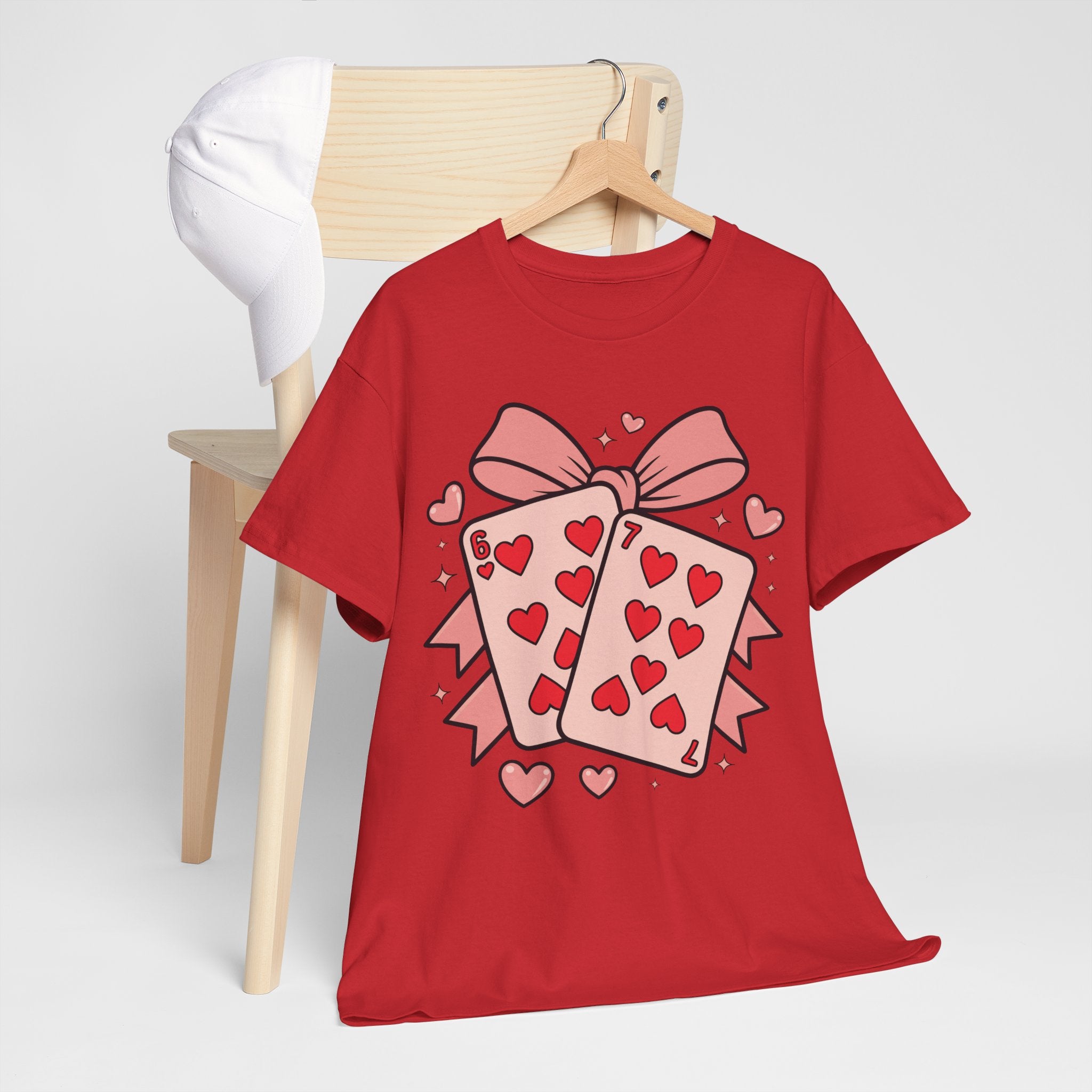 6 & 7 of Hearts T-Shirt — Paired Playing Cards with Pink Bow Unisex Cotton Tee
