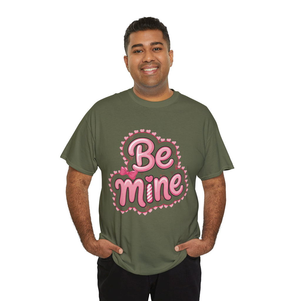Be Mine Valentine T-Shirt — Pink Bubble Letters with Hearts & Bow..Unisex Cotton Tee