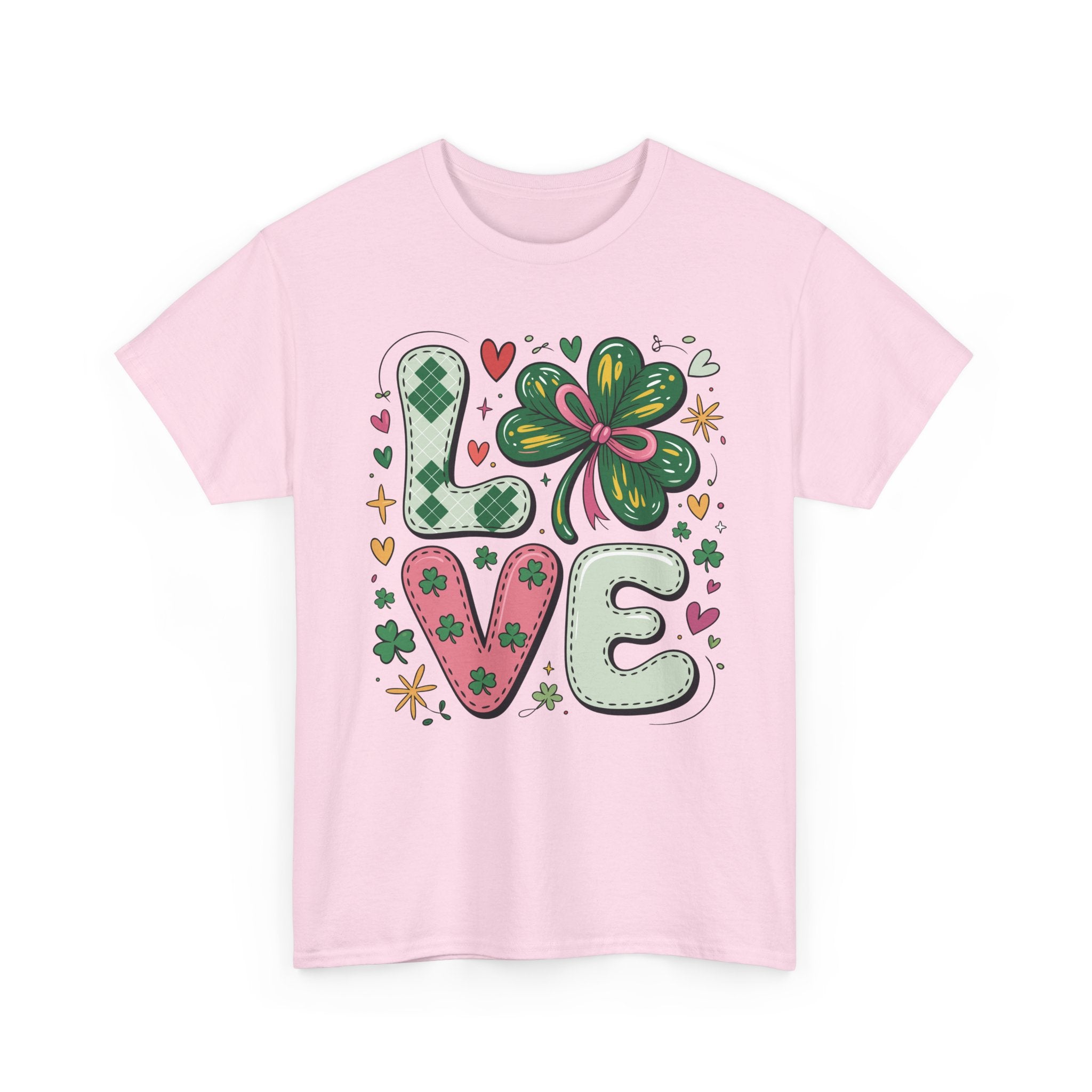 Stitched Clover 'LOVE' Tee — Heart & Patchwork St. Patrick's Unisex Cotton T-Shirt