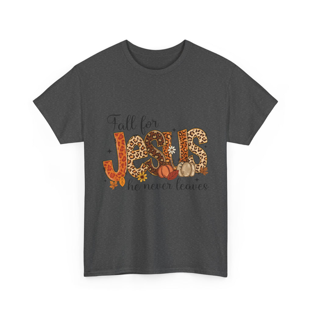 JESUS Leopard Print Fall T-Shirt — Pumpkins, Leaves & Floral Christian Unisex Cotton Tee