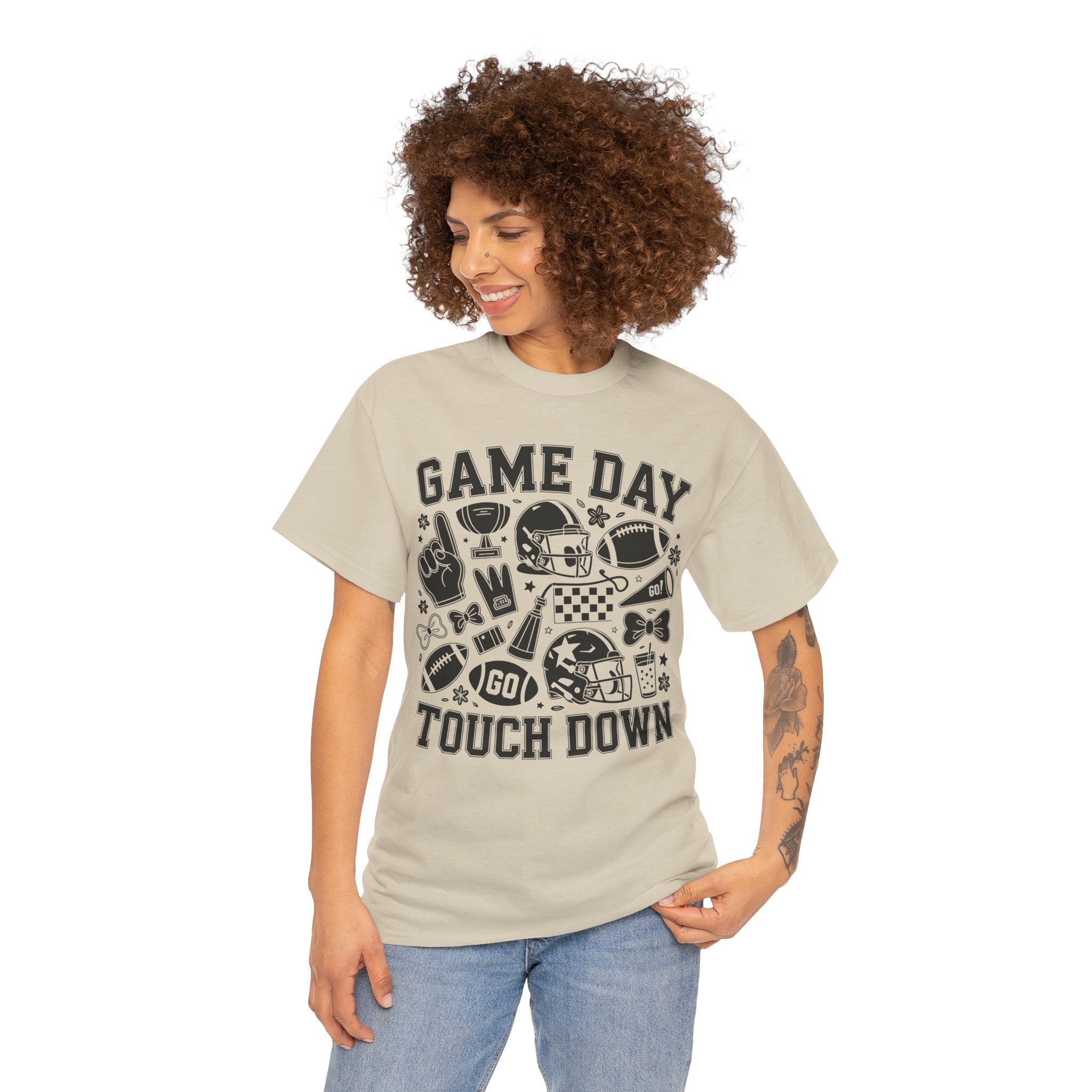 Game Day Touch Down Football T‑Shirt — Helmet & Cheer Monochrome Design Unisex Cotton Tee