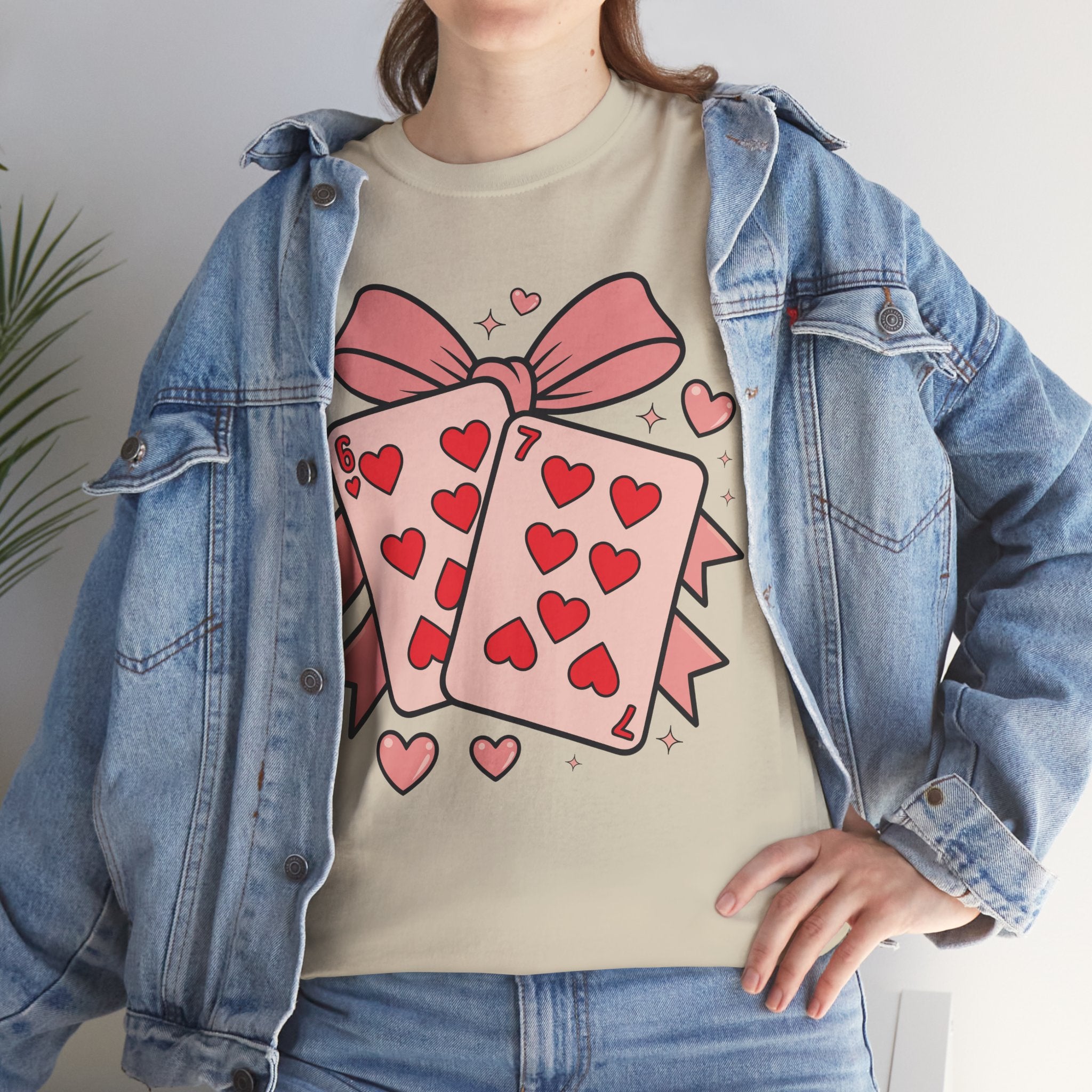 6 & 7 of Hearts T-Shirt — Paired Playing Cards with Pink Bow Unisex Cotton Tee