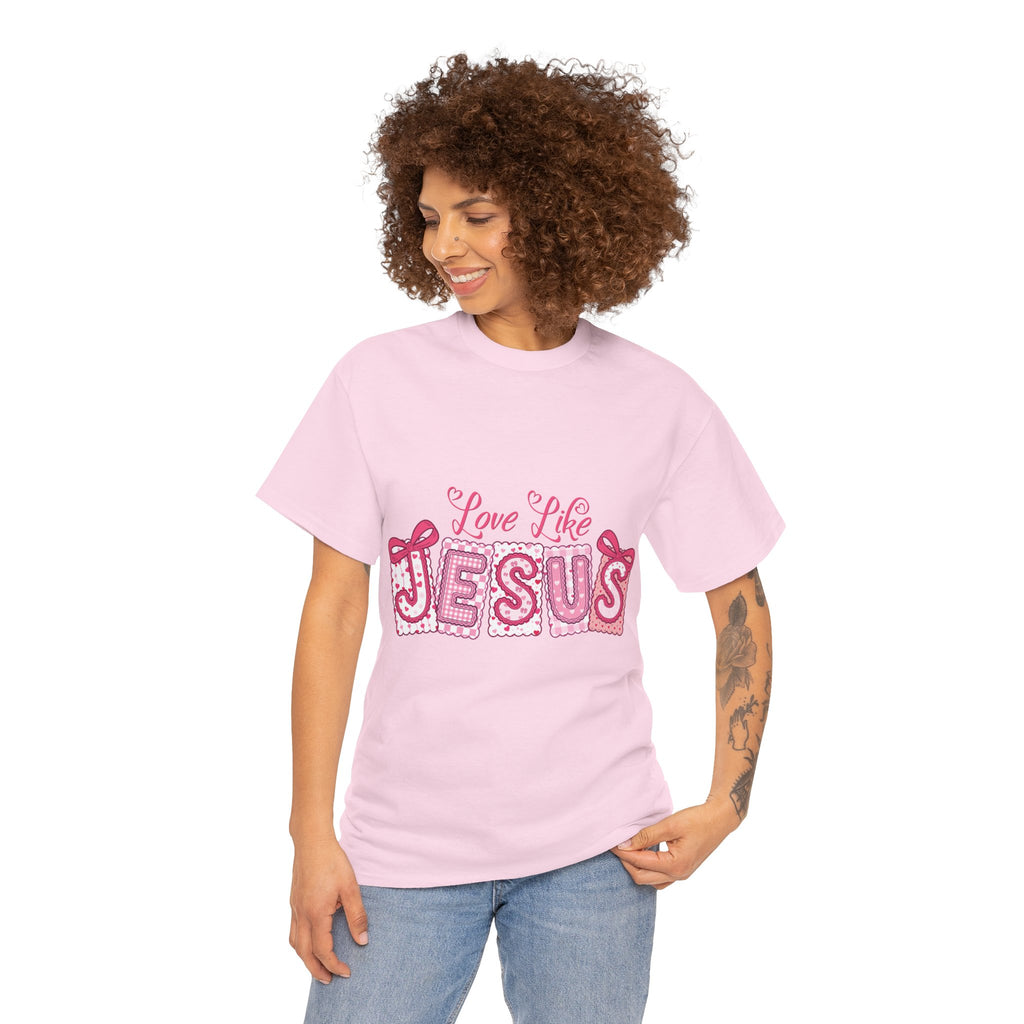 Love Like Jesus Patchwork Tee — Pink Stitched Heart Graphic.Unisex Cotton Tee