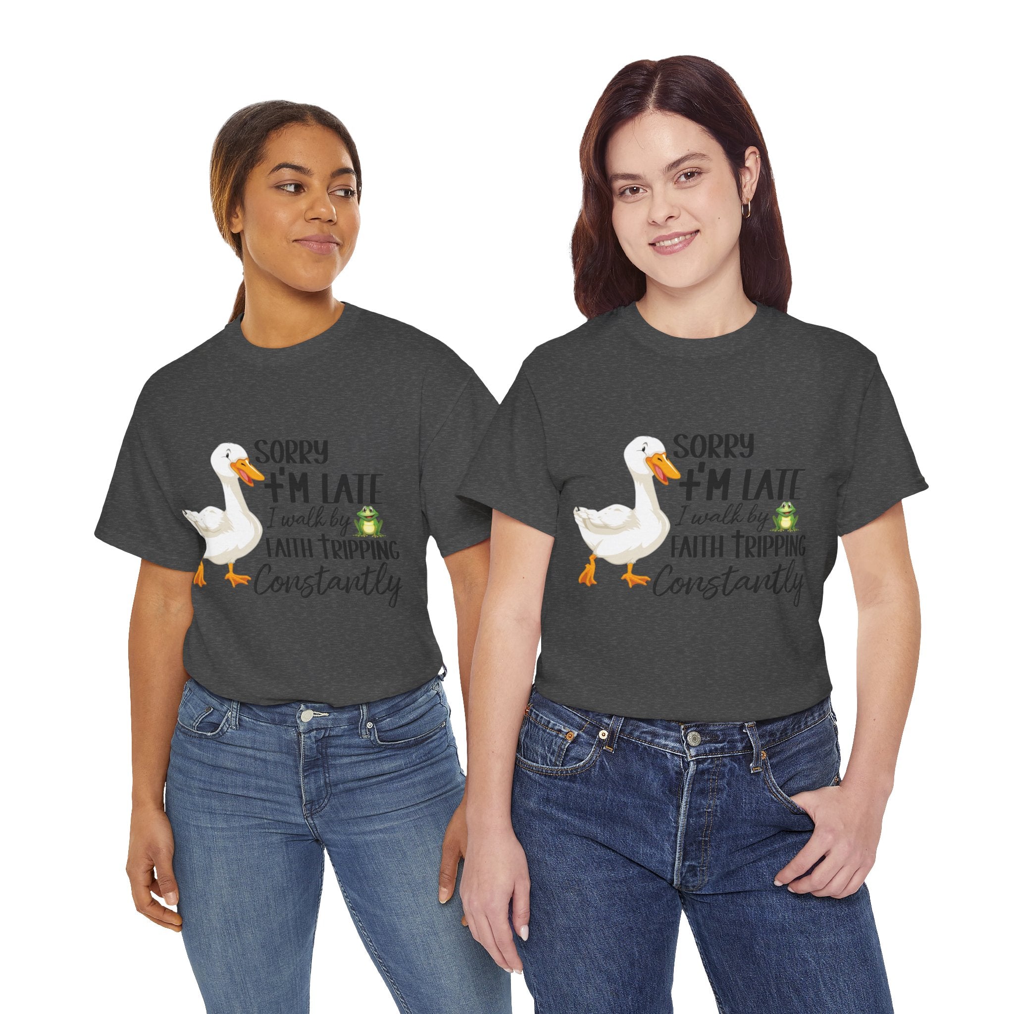 Christian Humor T-Shirt — “Sorry I’m Late, I Walk by Faith Tripping Constantly” (Duck & Frog). Unisex Cotton Tee
