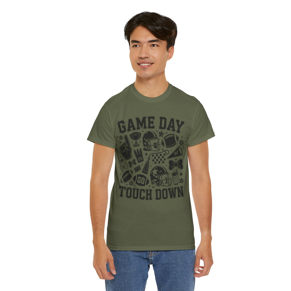 Game Day Touch Down Football T‑Shirt — Helmet & Cheer Monochrome Design Unisex Cotton Tee