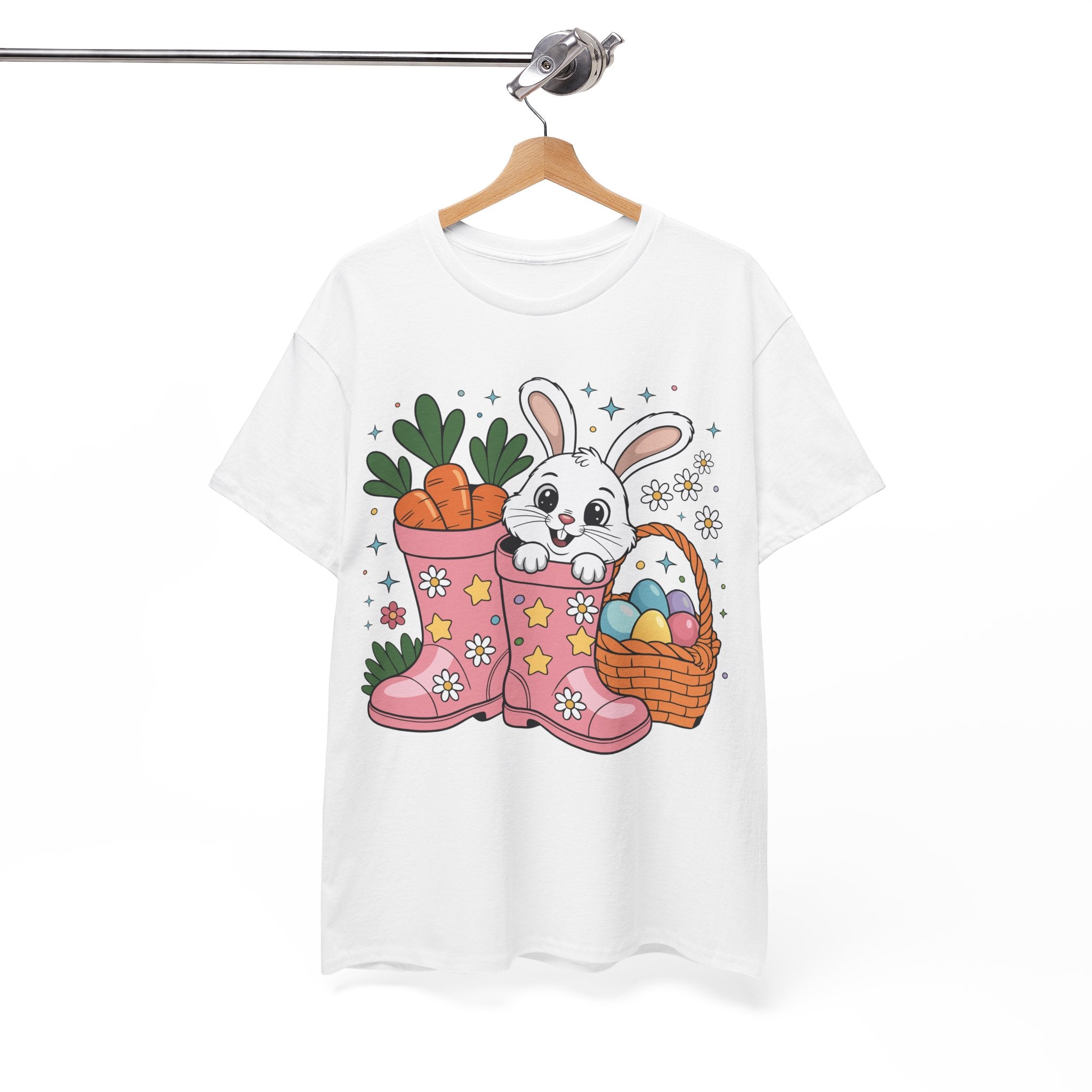 Easter Bunny in Pink Rain Boots T-Shirt — Cartoon Bunny, Carrots & Colorful Eggs Unisex Cotton Tee
