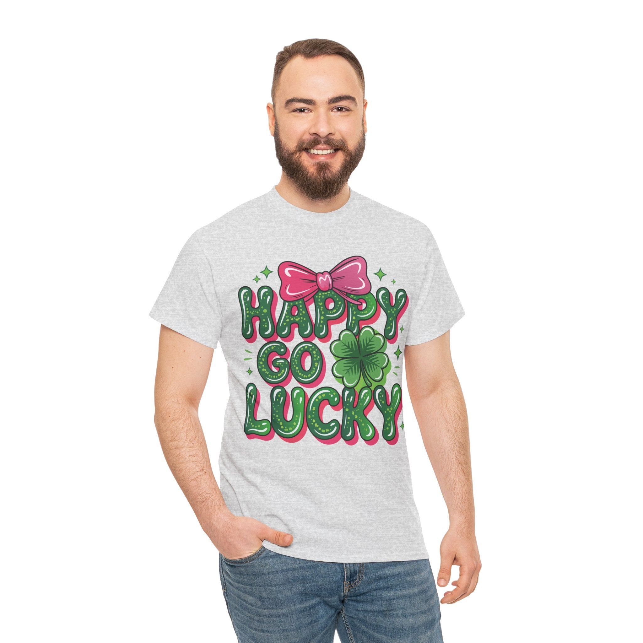 Happy Go Lucky Four-Leaf Clover Tee — Glossy Green Letters & Pink Bow Unisex Cotton Tee