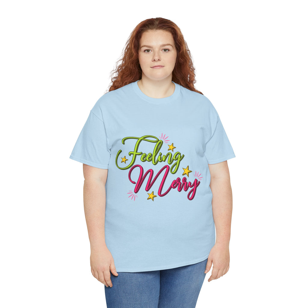 Feeling Merry T-Shirt — Bright Green & Pink Holiday Tee with Stars.Unisex Cotton Tee