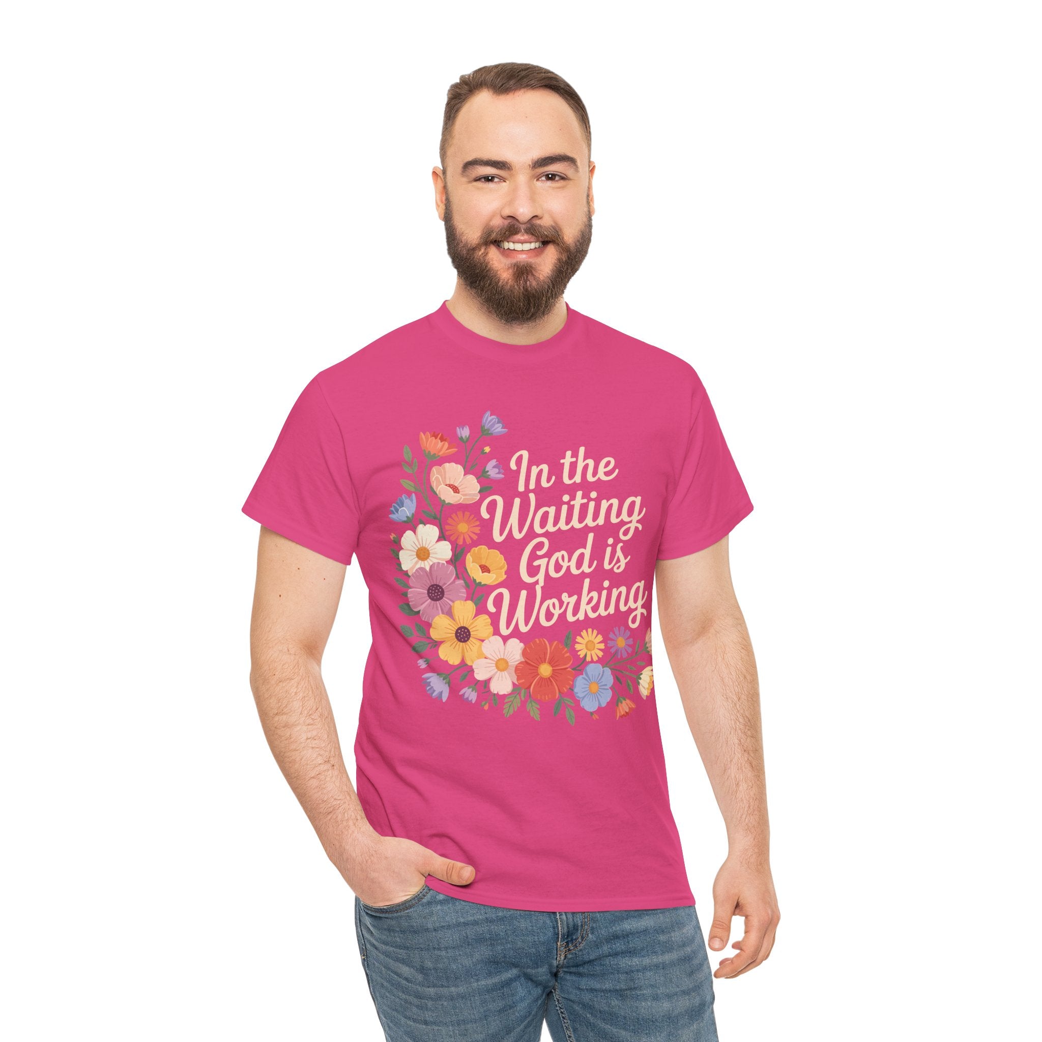 Pastel Floral “In the Waiting God Is Working” Unisex Cotton T-Shirt