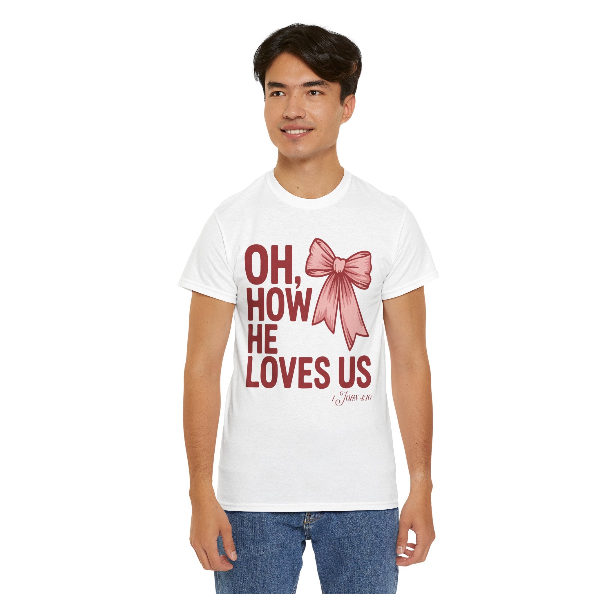 Oh, How He Loves Us Christian Valentine Tee — 1 John 4:10 Red & Pink Unisex Cotton Tee
