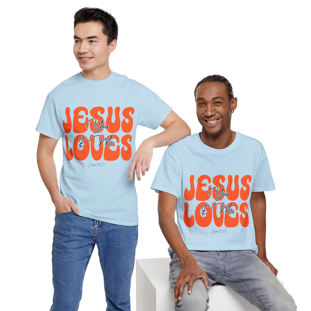 Jesus Loves You & Me Retro Tee — Playful Orange Bubbly Christian Unisex Cotton T-Shirt