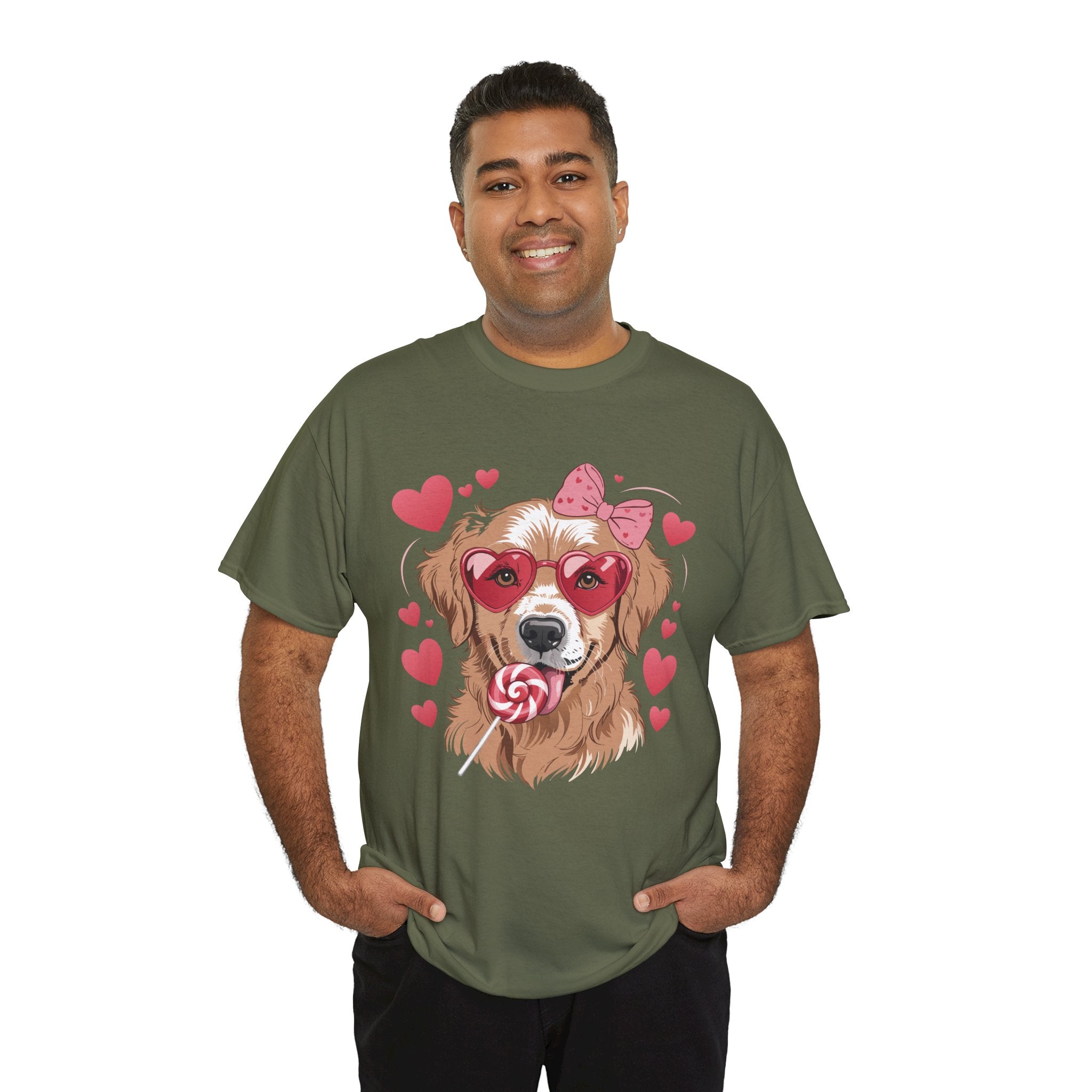 Valentine Dog T-Shirt — Cute Pup with Heart Glasses, Pink Bow & Lollipop..Unisex Cotton Tee