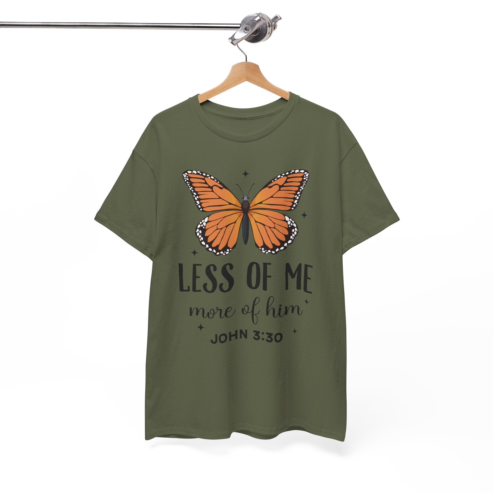Monarch Butterfly Tee — "Less of Me, More of Him" Christian Unisex cotton T‑Shirt