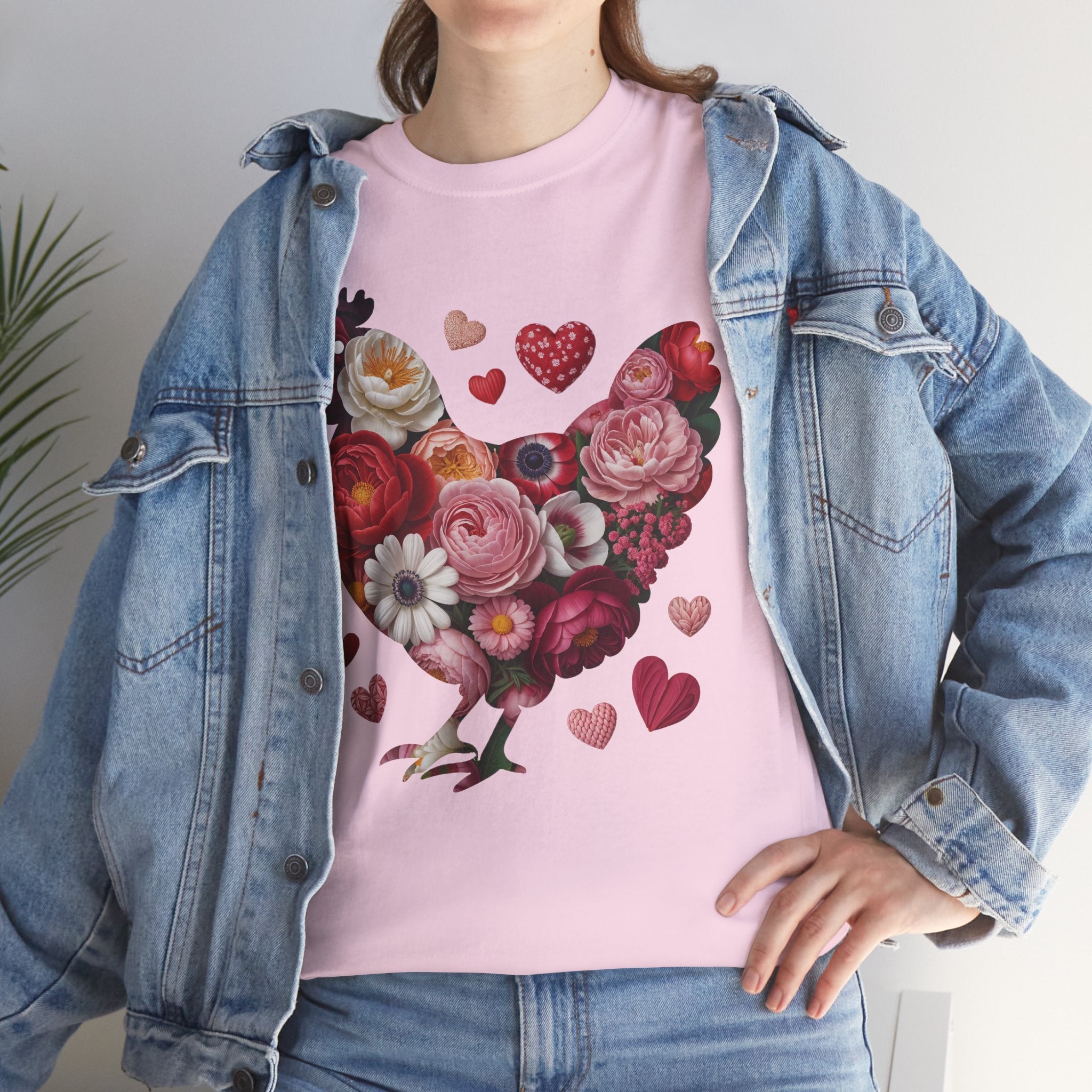Floral Chicken Heart Tee — Red & Pink Flower Silhouette Unisex Cotton Tee