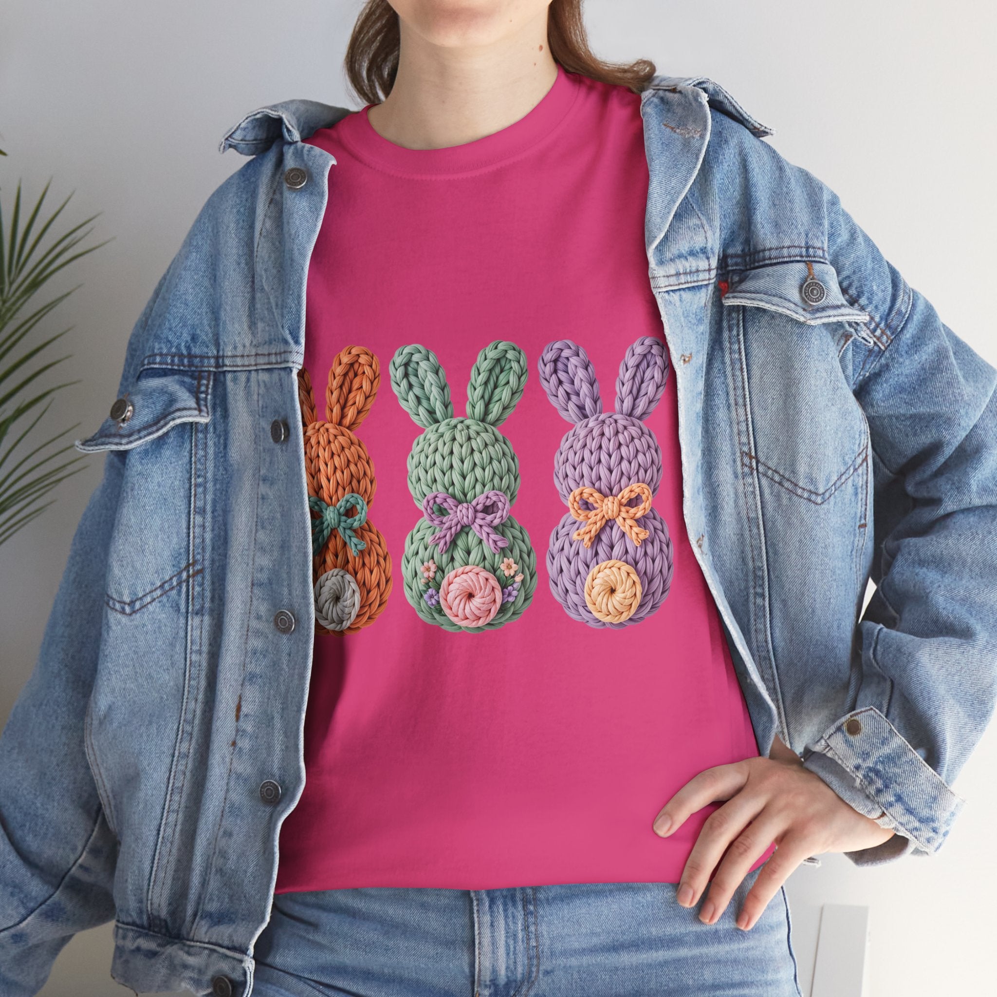 Pastel Crochet Bunny Tee — Trio of Faux Knit Bunnies with Bows & Flowers Unisex Cotton Tee