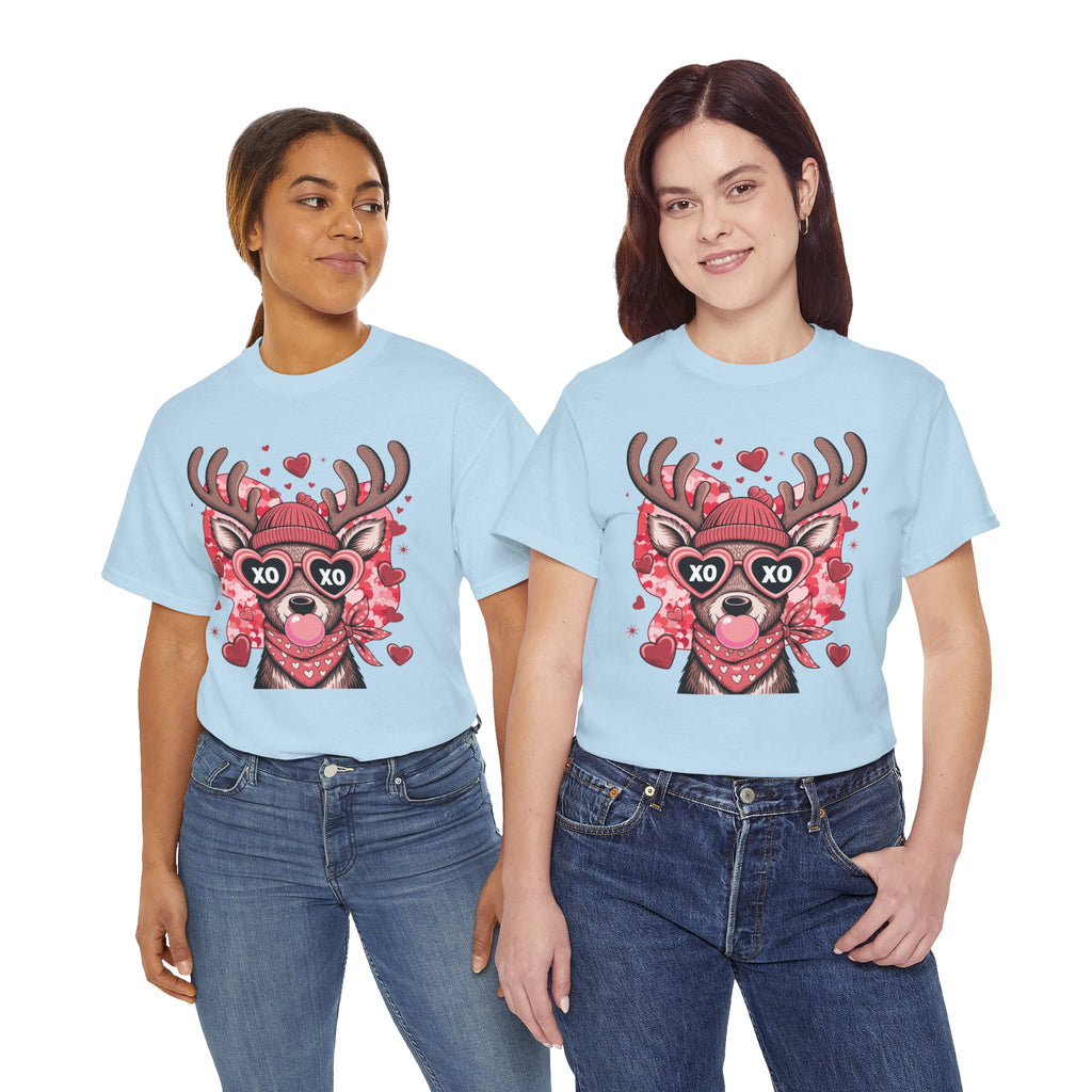 Valentine Deer Tee — Cute XO Heart Glasses, Beanie & Scarf Unisex Cotton Tshirt