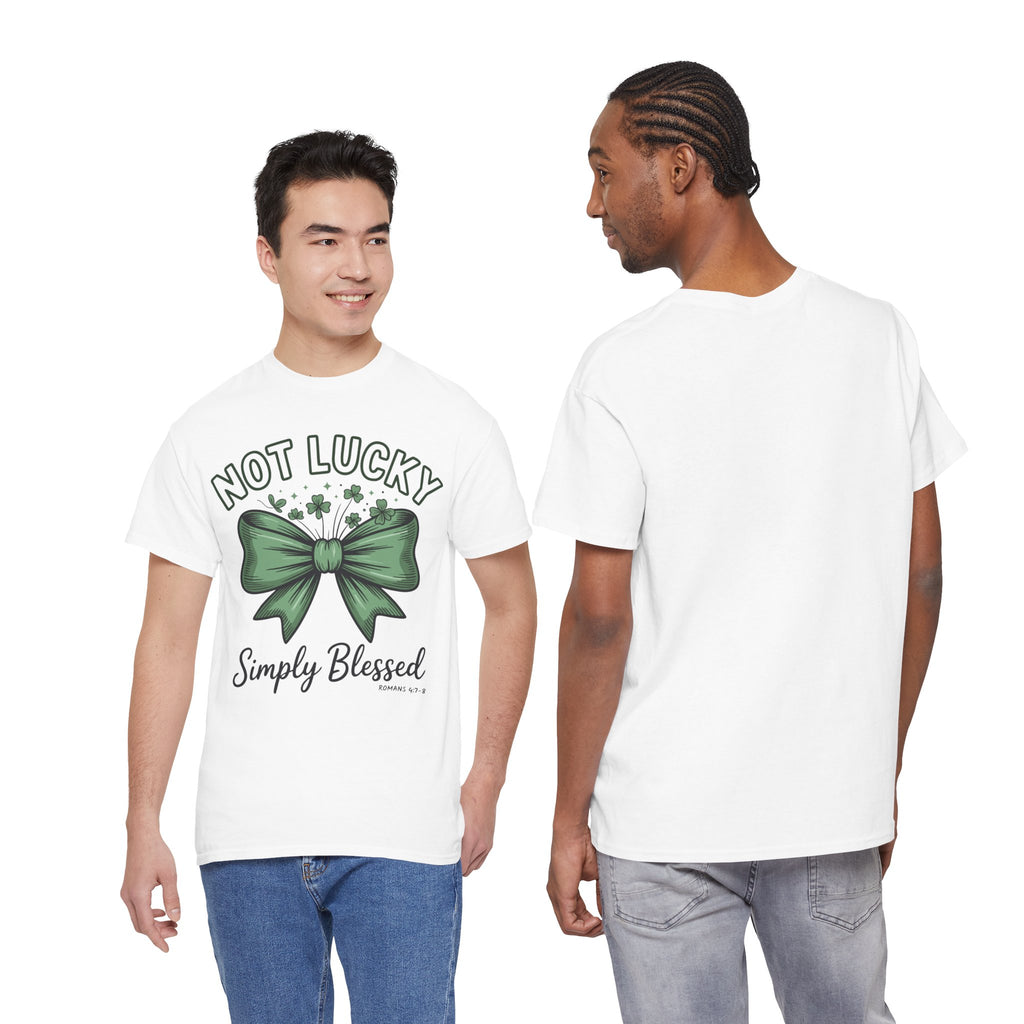 Not Lucky, Simply Blessed T-Shirt — Green Bow & Clovers St. Patrick’s Unisex Cotton Tee
