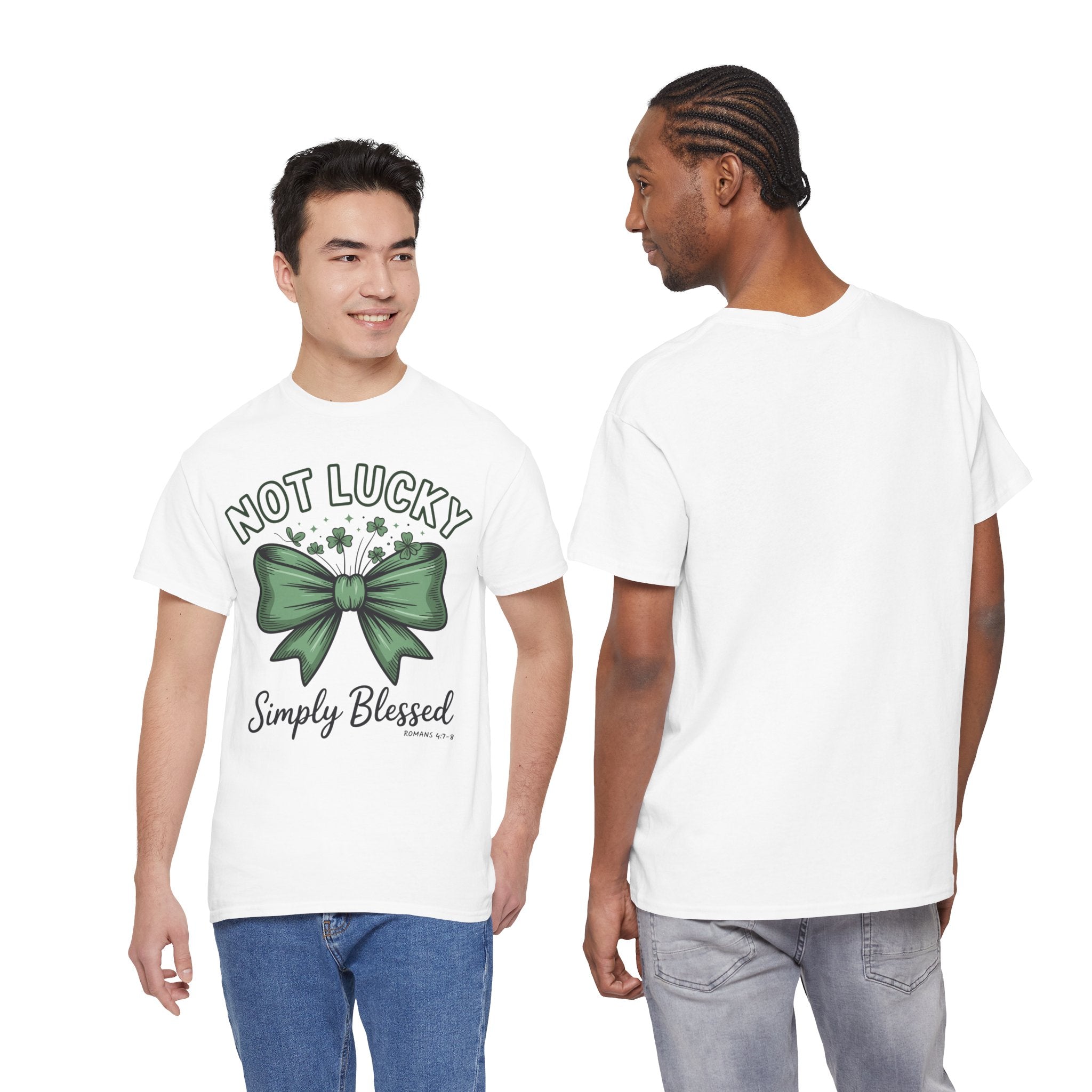 Not Lucky, Simply Blessed T-Shirt — Green Bow & Clovers St. Patrick’s Unisex Cotton Tee