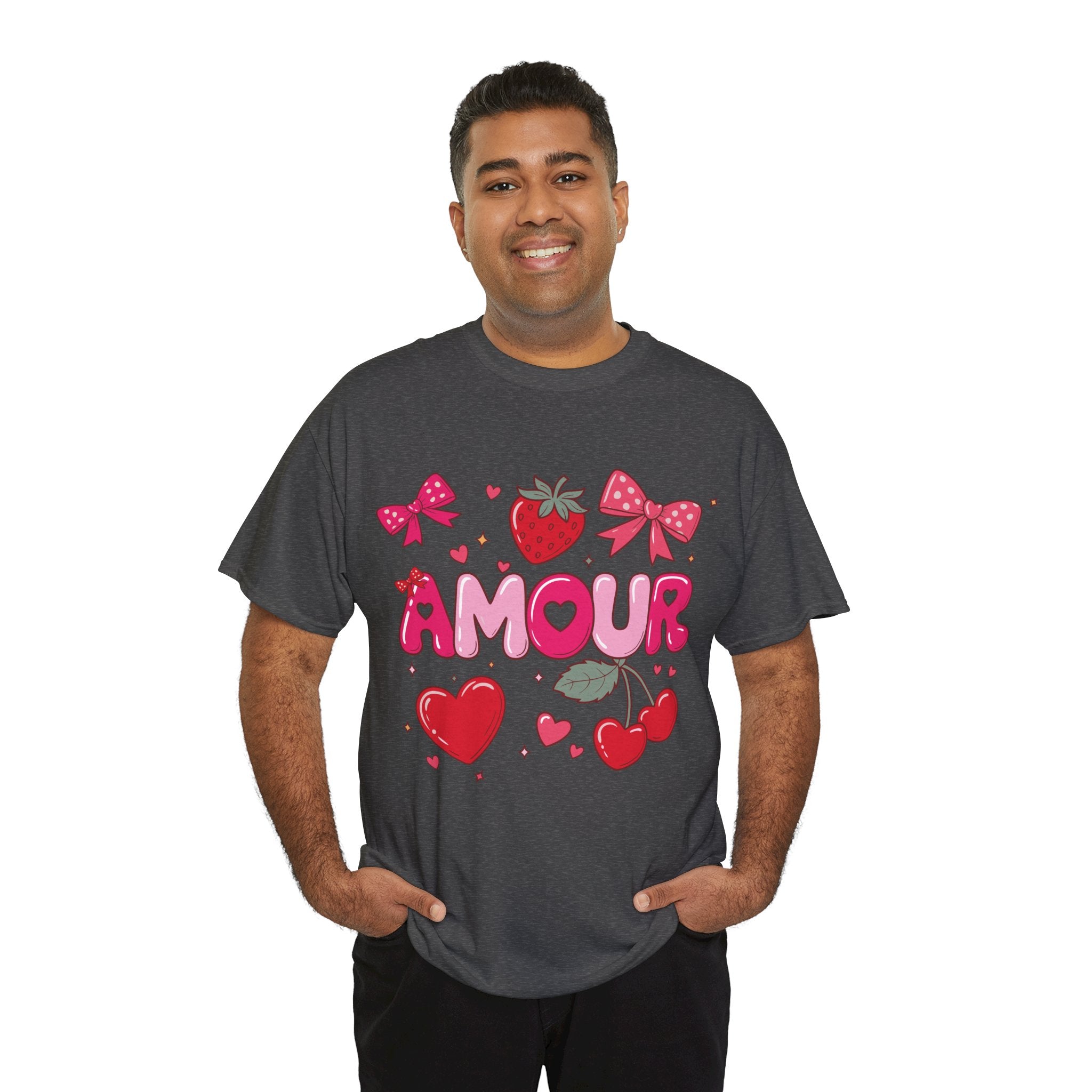 Amour Pink Hearts Tee — Shiny Lettering with Bows, Cherries & Strawberry Accent...Unisex Cotton Tee