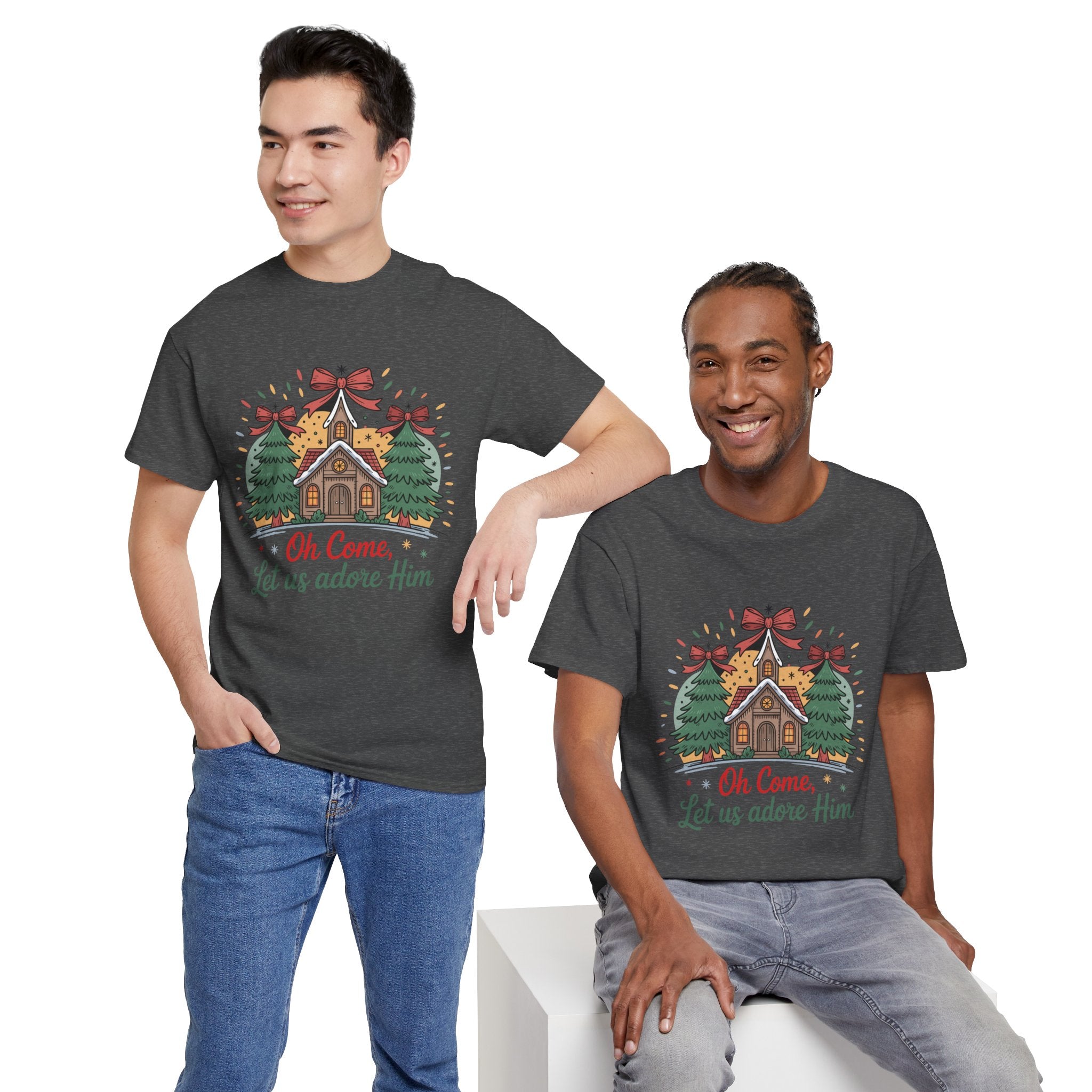 Oh Come Let Us Adore Him Christmas Tee — Church & Trees Holiday Unisex Cotton Tshirt