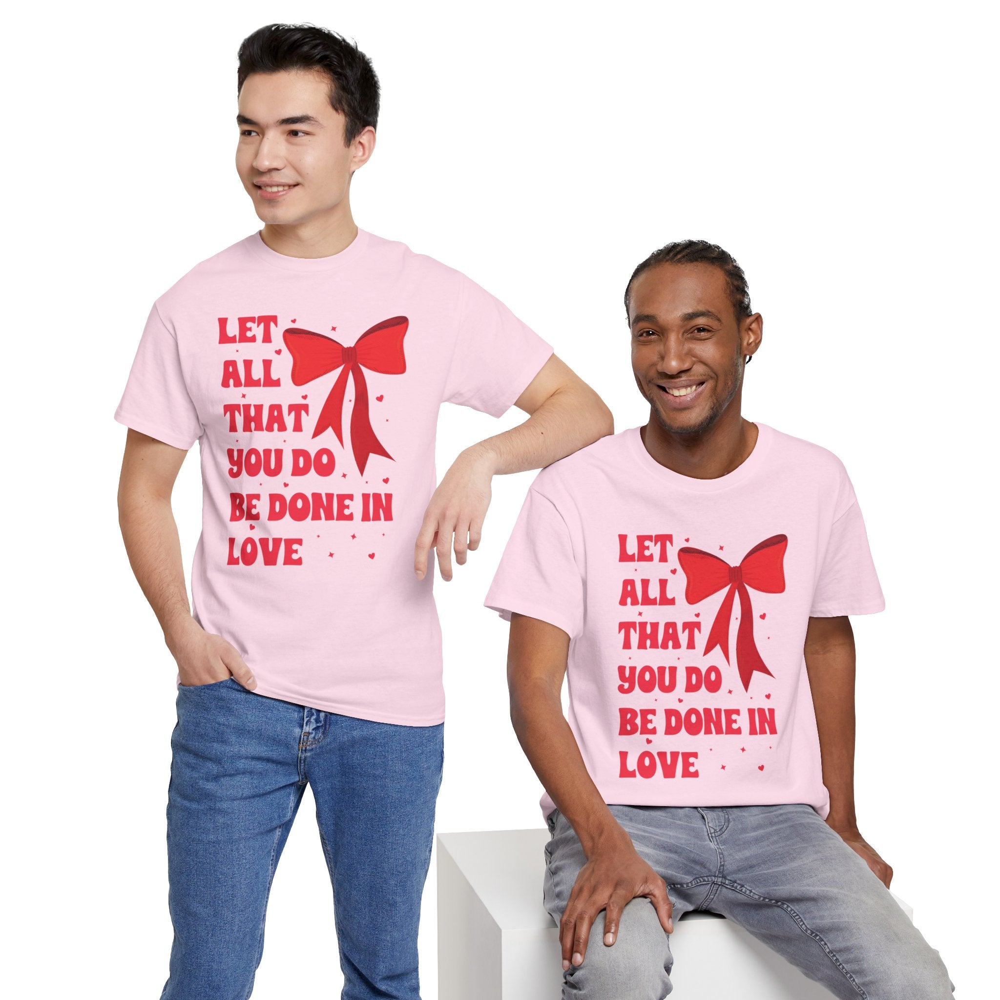 Valentine Tee — "Let All That You Do Be Done in Love" Heart Bow Unisex Cotton Shirt