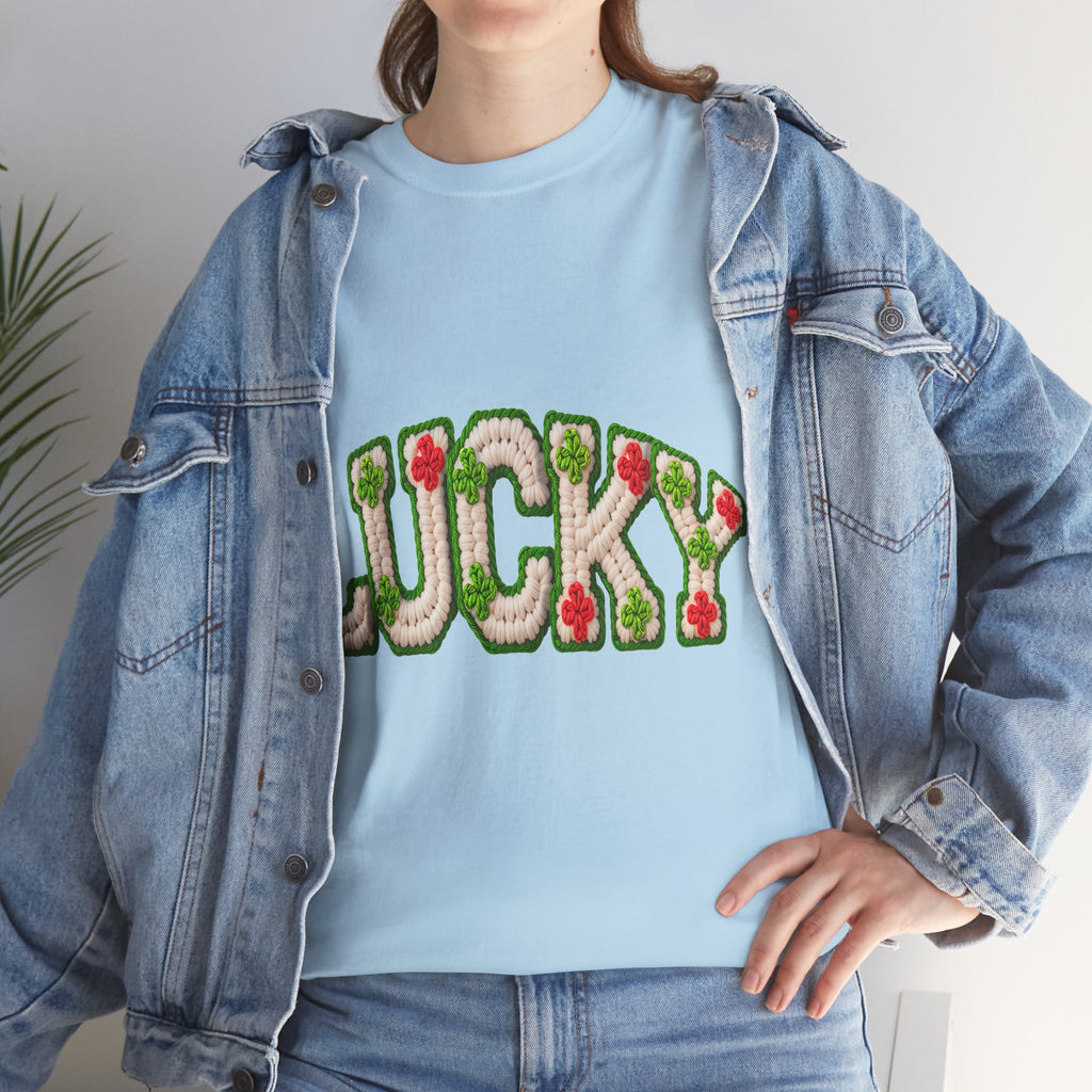 Lucky Crochet Clover T-Shirt — Faux-Yarn Embroidered St. Patrick’s Unisex Cotton Tee