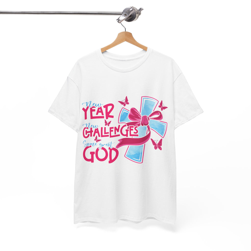 Christian T-Shirt — “New Year, New Challenges, Same Great God” with Pink Bow Cross & Butterflies. Unisex Cotton Tee