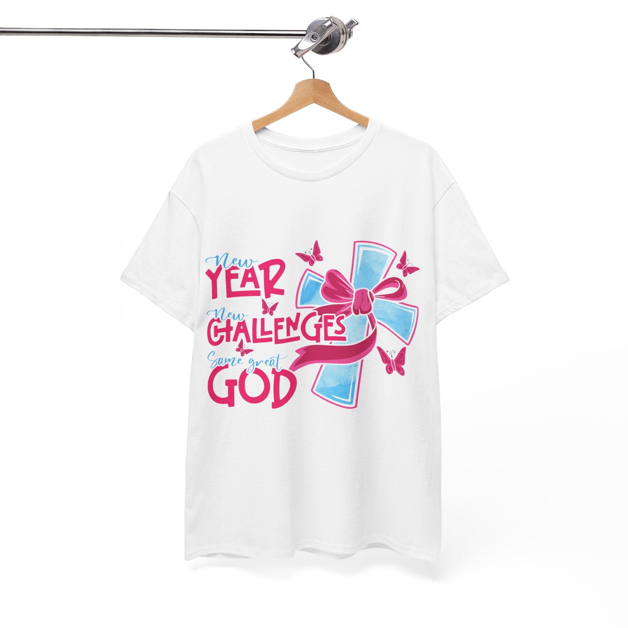 Christian T-Shirt — “New Year, New Challenges, Same Great God” with Pink Bow Cross & Butterflies. Unisex Cotton Tee