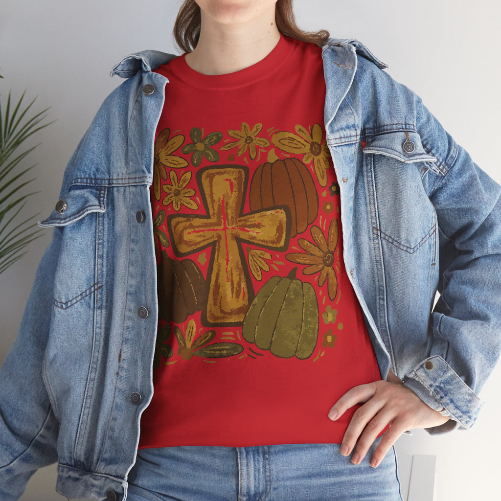 Autumn Cross Tee — Rustic Pumpkin & Fall Floral Christian Unisaex Cotton T-Shirt