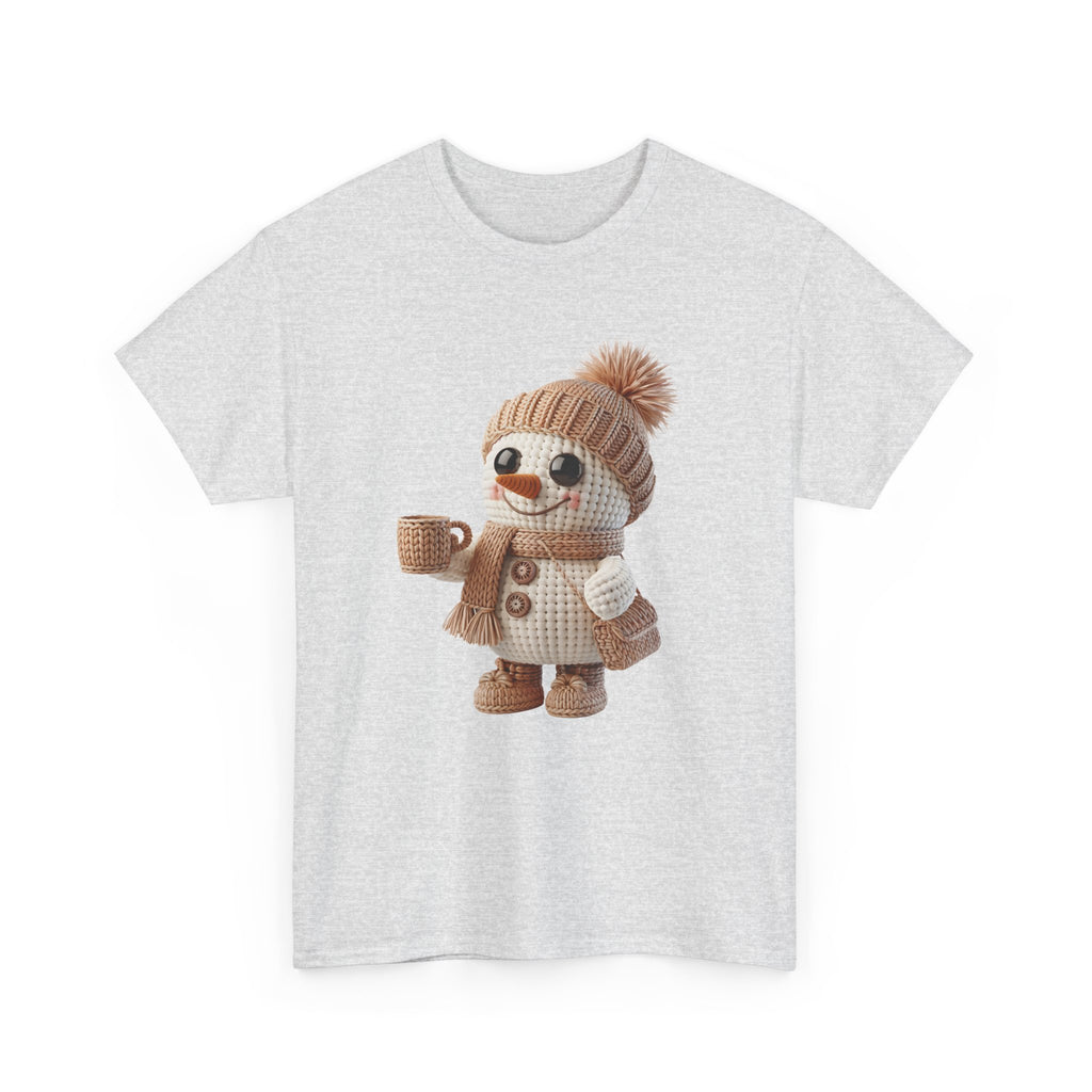 Cozy Snowman Tee — Smiling Snowman with Mug, Scarf & Beanie. Unisex Cotton Tee