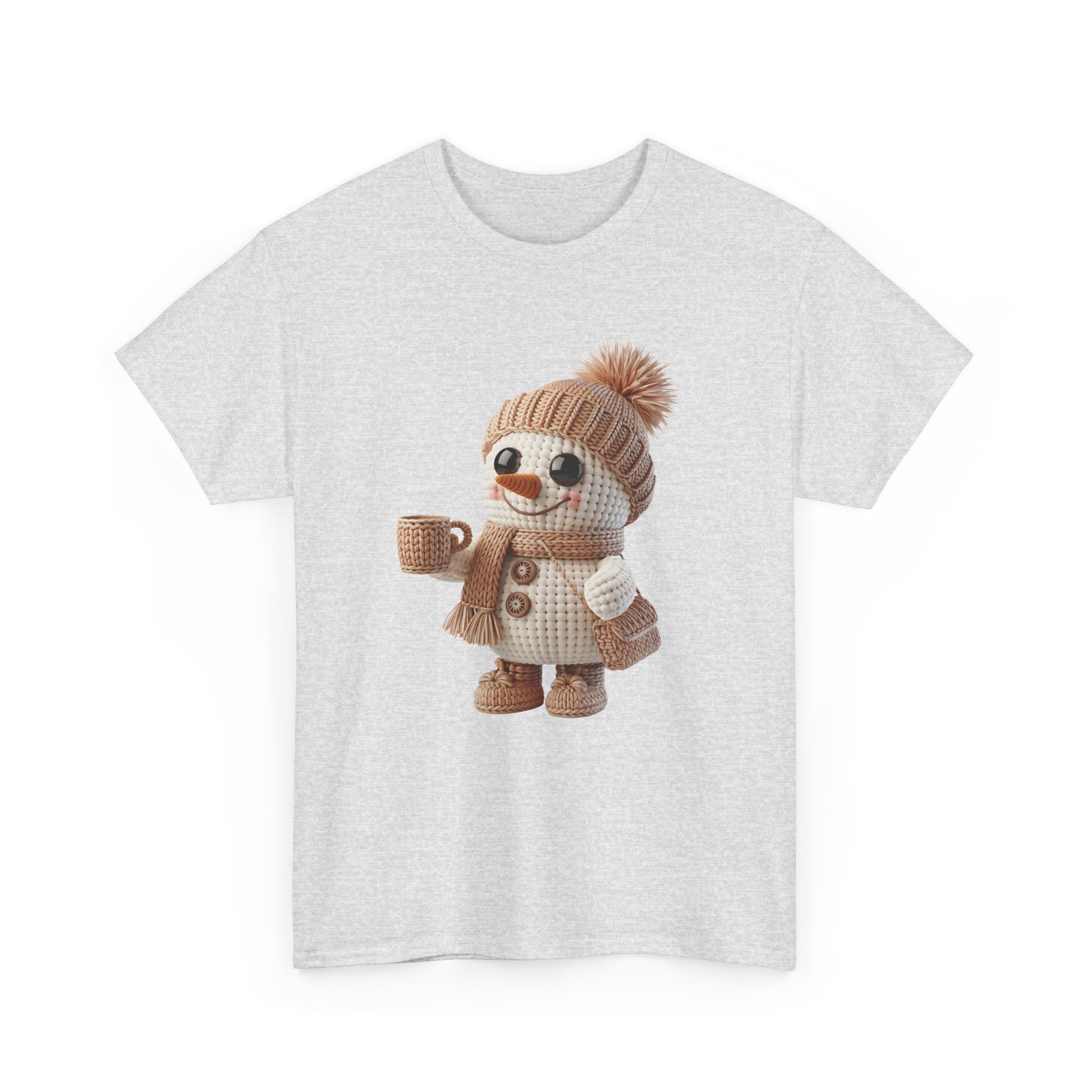 Cozy Snowman Tee — Smiling Snowman with Mug, Scarf & Beanie. Unisex Cotton Tee