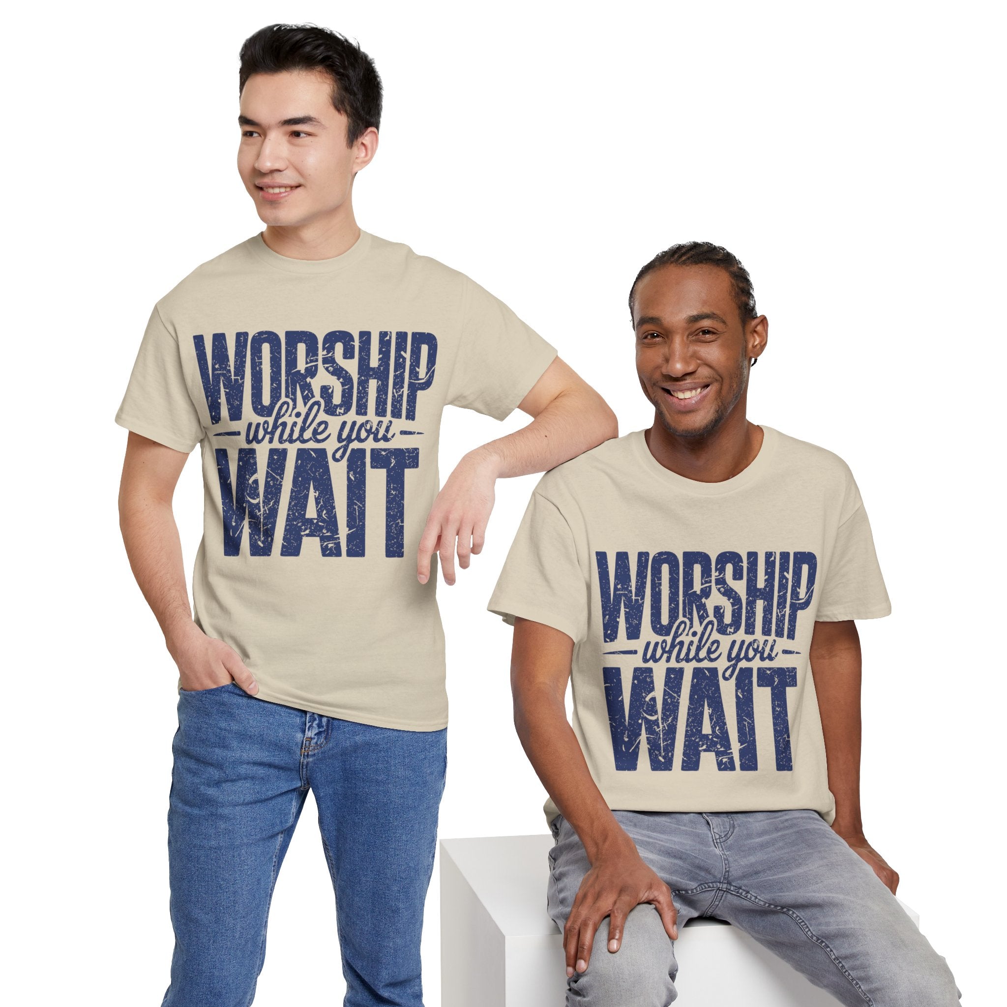 Worship While You Wait T‑Shirt — Distressed Pastel Blue Faith Unisex Cotton Tee