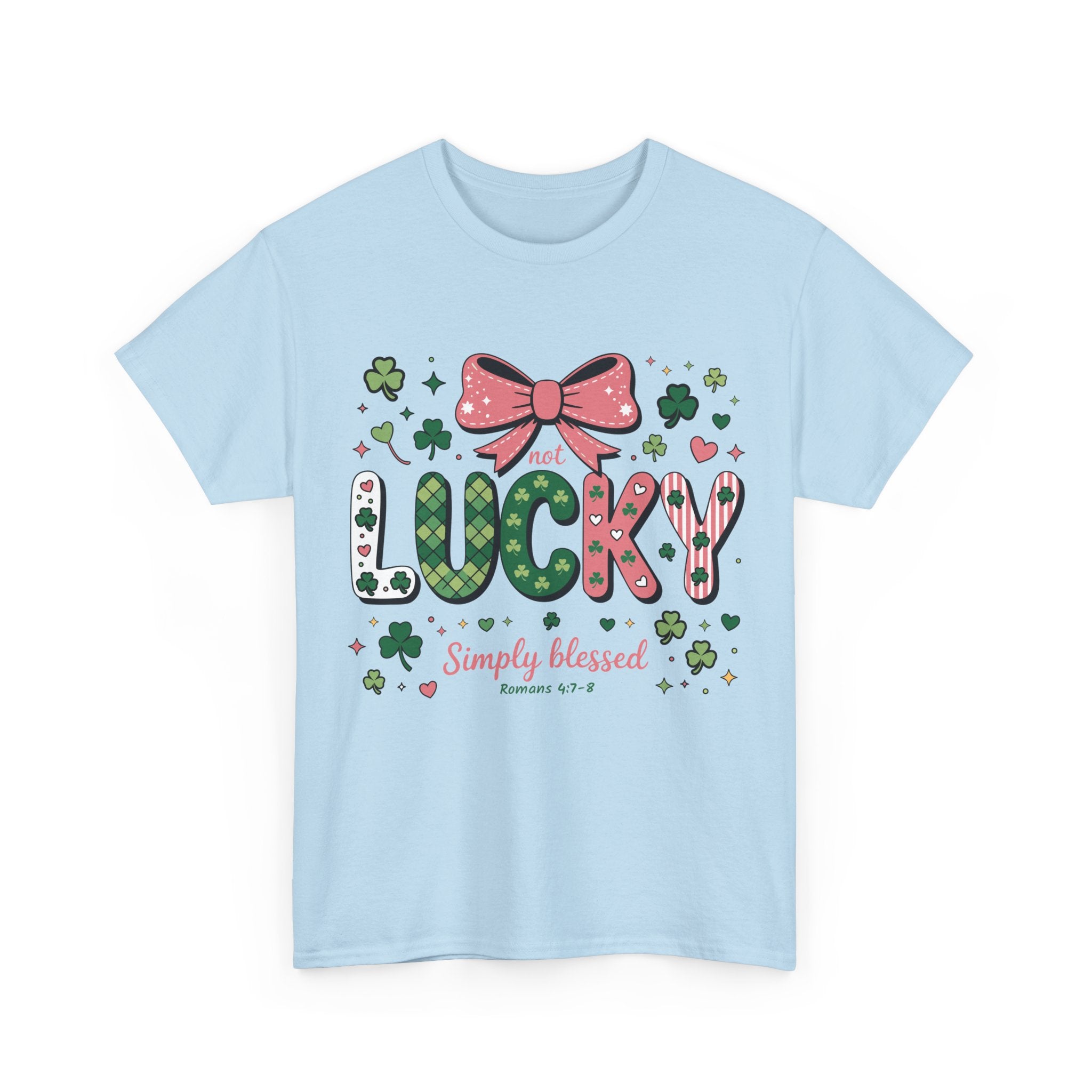 Simply Blessed Tee — “Not Lucky, Simply Blessed” with Pastel Bow, Clovers & Romans 4:7-8 Unisex Cotton Tee