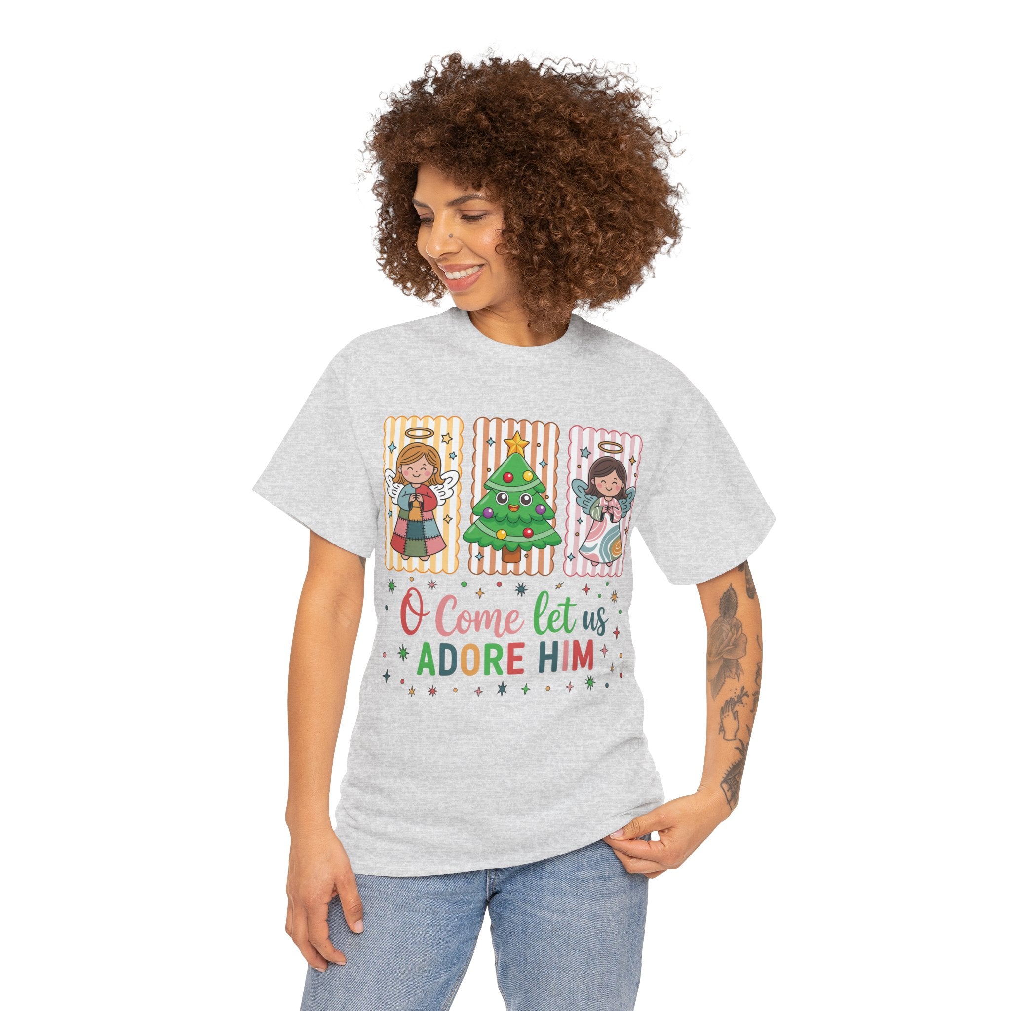 O Come Let Us Adore Him Christmas Tee — Smiling Angels & Happy Tree..Unisex Cotton Tee