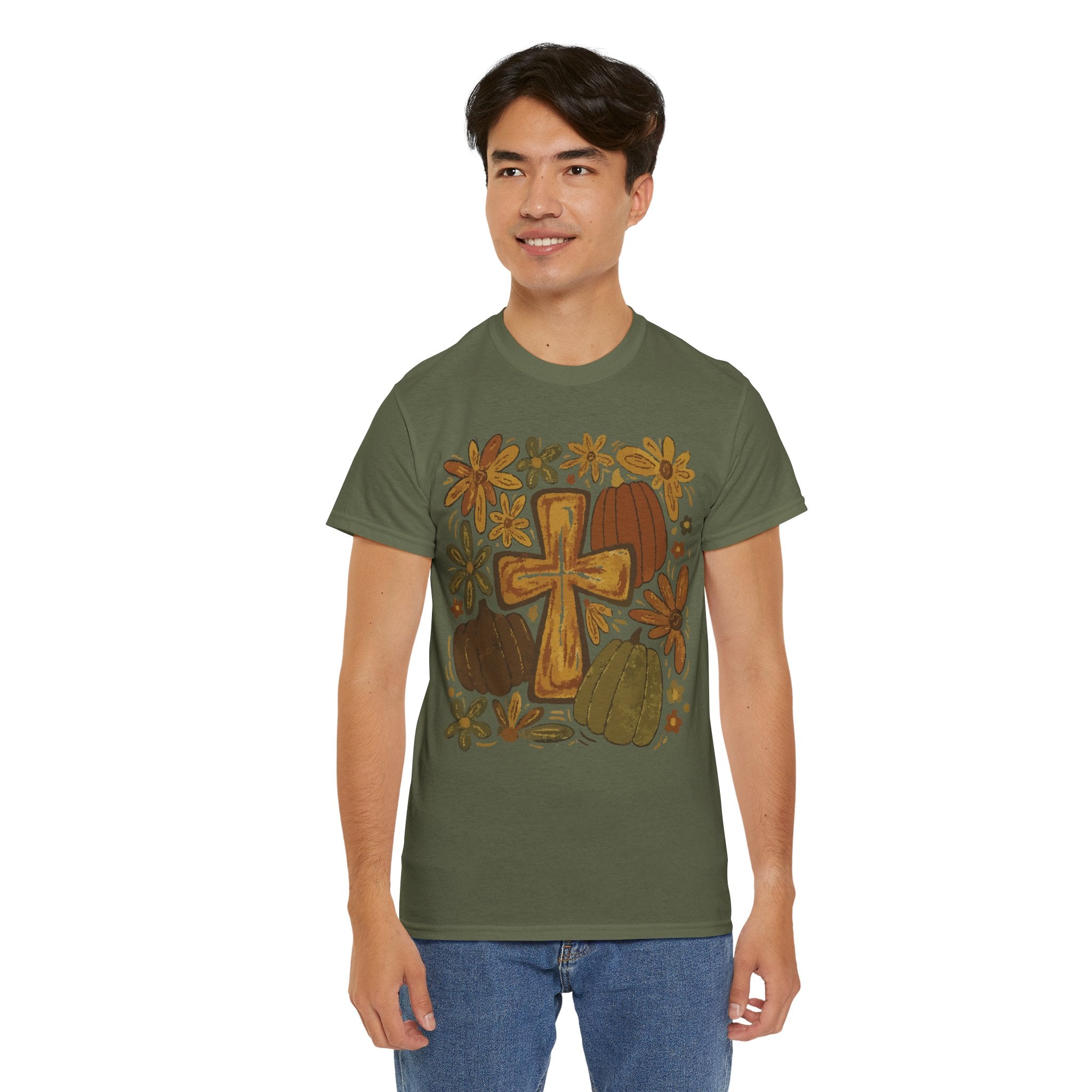Autumn Cross Tee — Rustic Pumpkin & Fall Floral Christian Unisaex Cotton T-Shirt