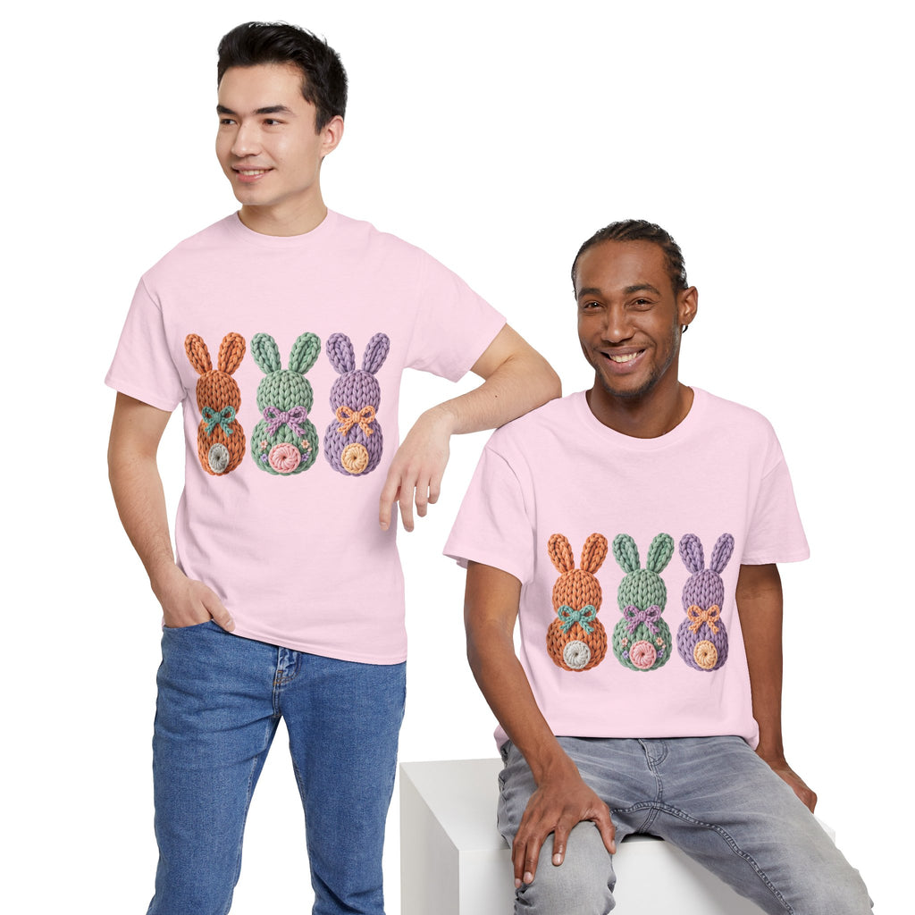 Pastel Crochet Bunny Tee — Trio of Faux Knit Bunnies with Bows & Flowers Unisex Cotton Tee